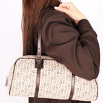Celine Macadam Canvas Leather Hand Bag Boston Bag Beige Brown