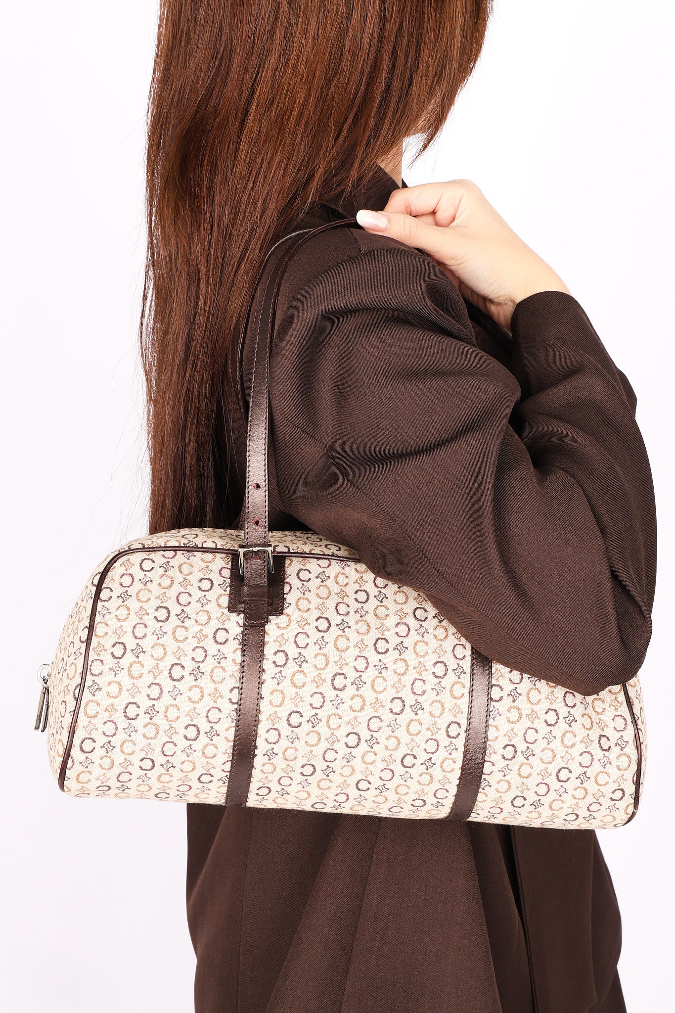 Celine Macadam Canvas Leather Hand Bag Boston Bag Beige Brown