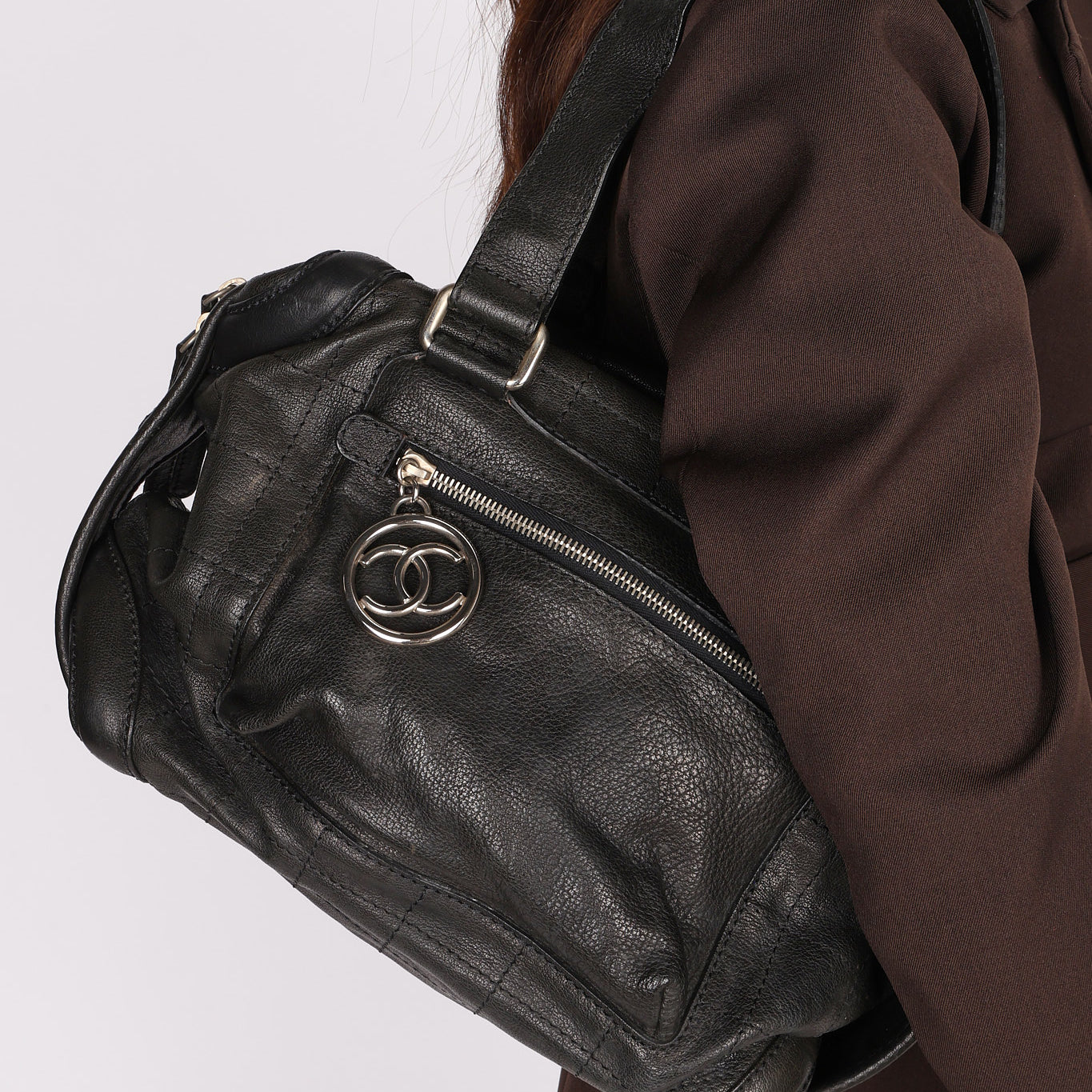 Chanel Essential Chocolate Bar Bowling Bag Black Calfskin 2007 RHW