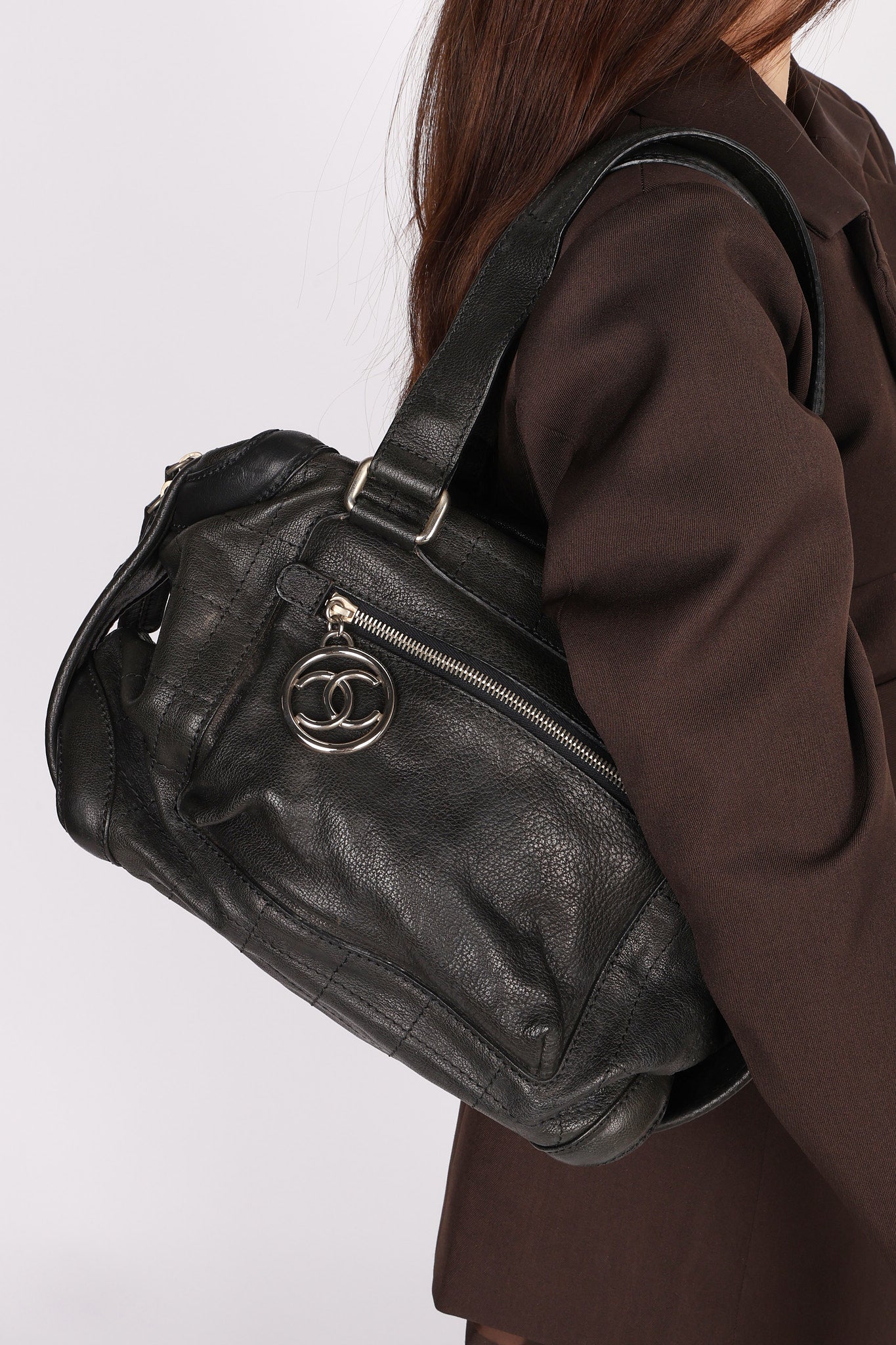 Chanel Essential Chocolate Bar Bowling Bag Black Calfskin 2007 RHW