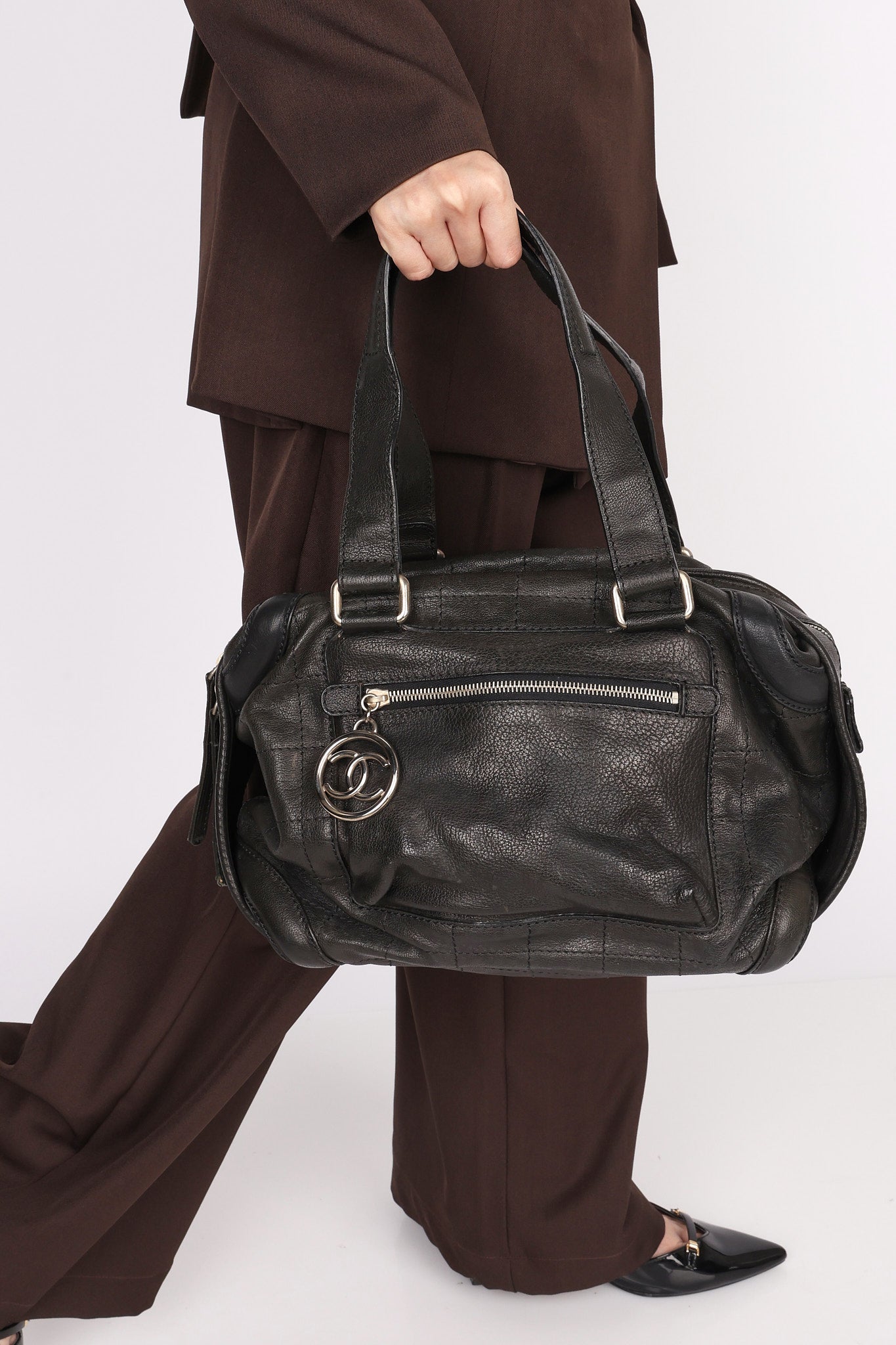 Chanel Essential Chocolate Bar Bowling Bag Black Calfskin 2007 RHW