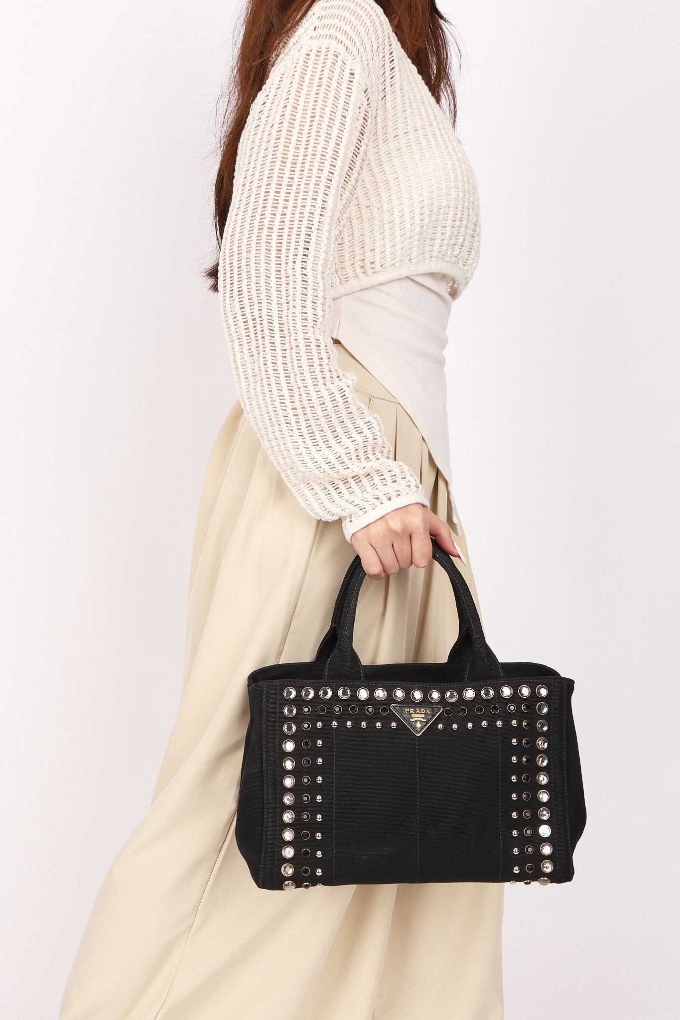 Prada Canapa Gemstone Studded Beaded Tote