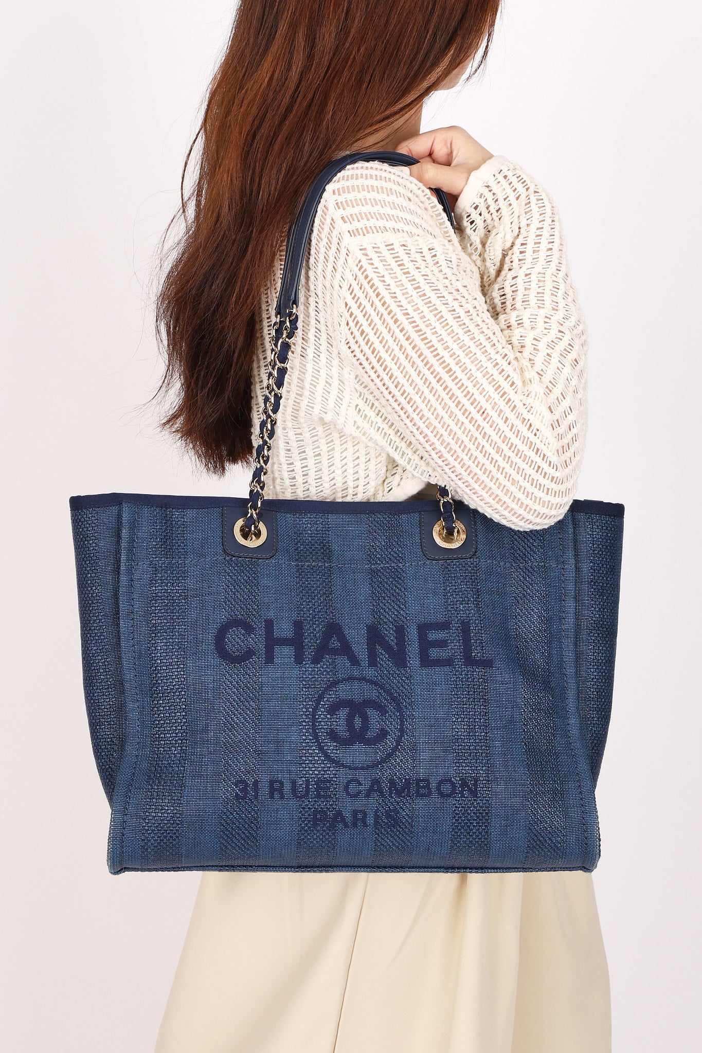 Chanel Small Raffia Deauville Tote Navy SHW
