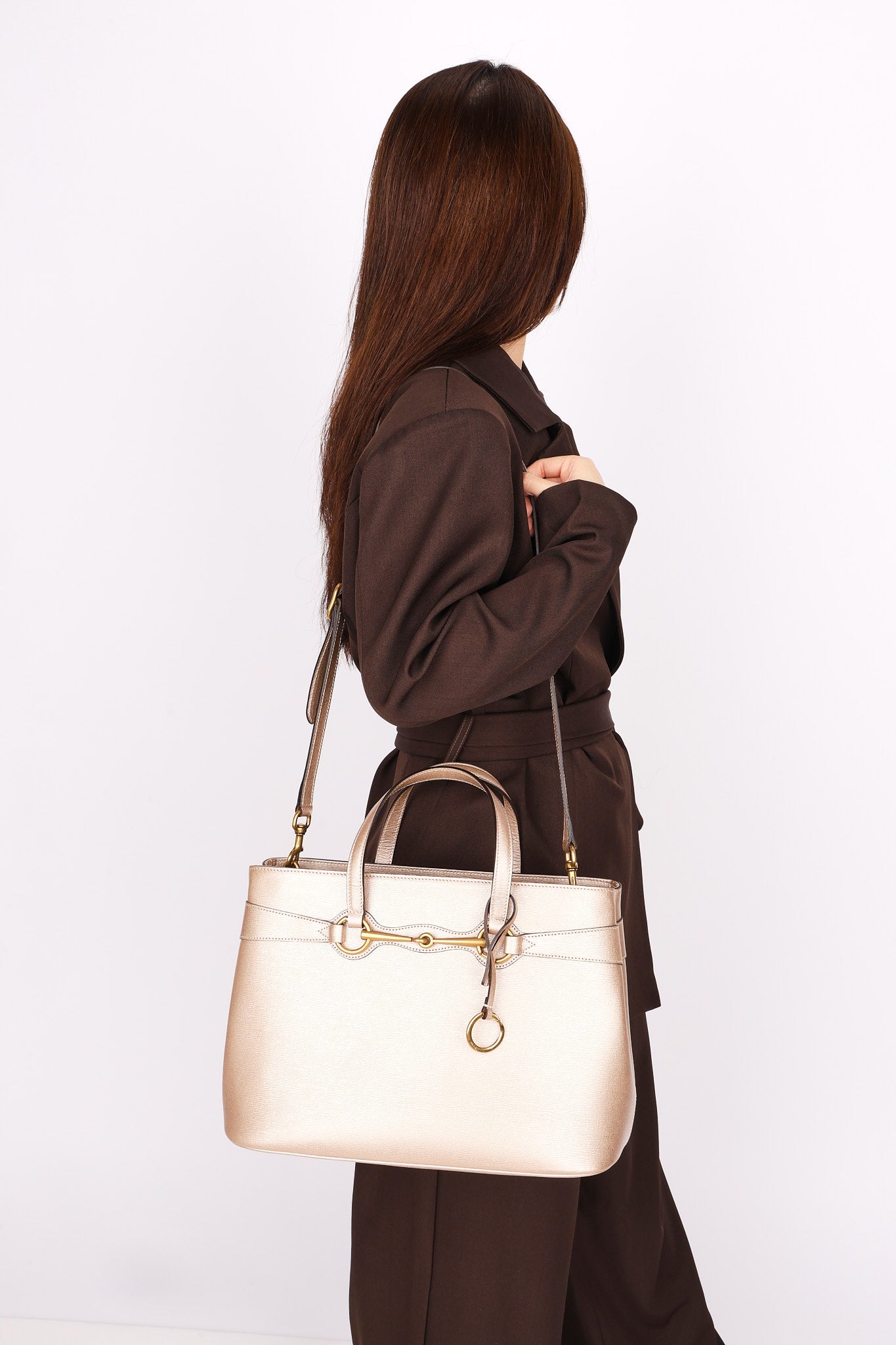 Gucci Bright Bit Convertible Tote Metallic Beige