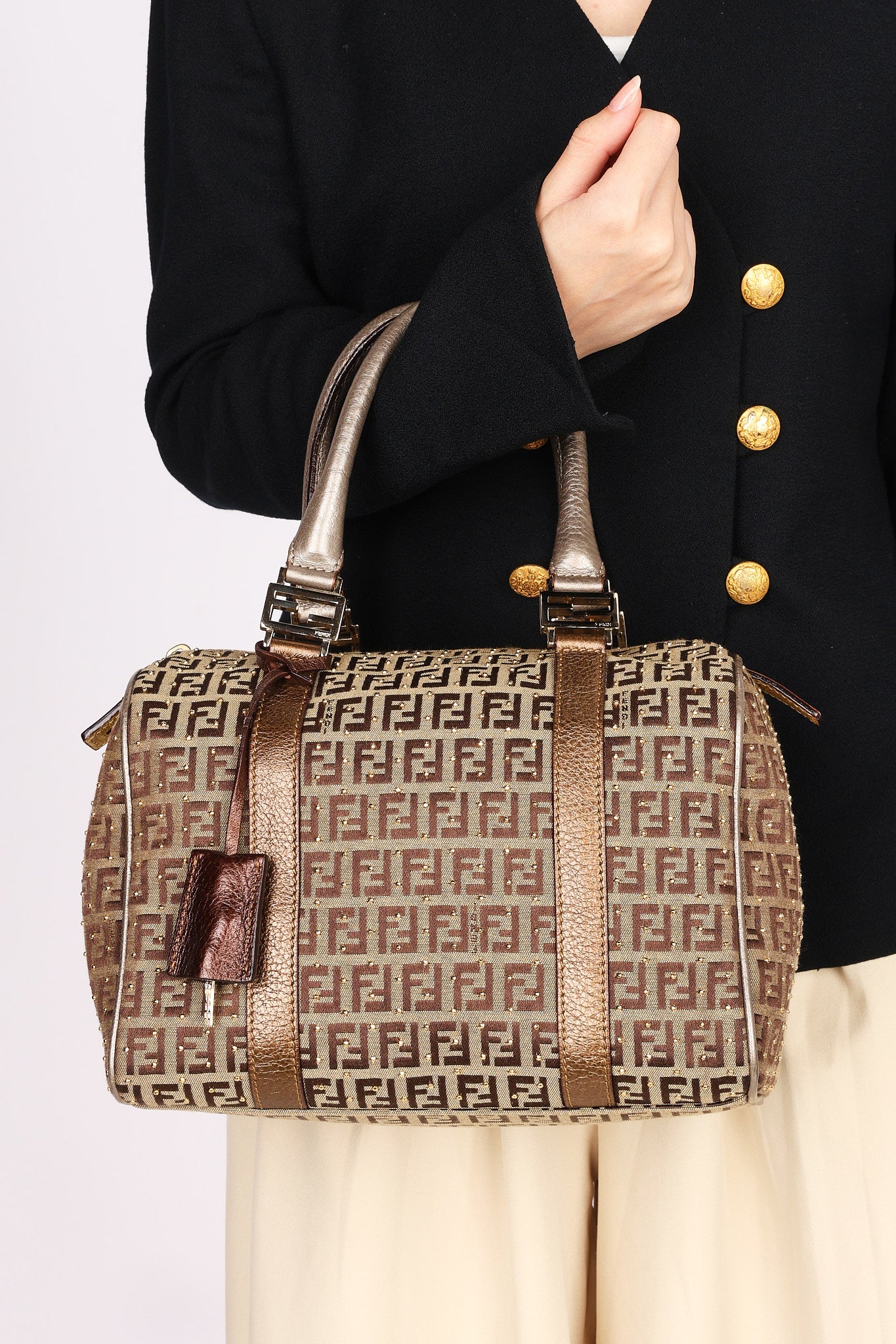 Fendi Zucchino Studded Boston Bag