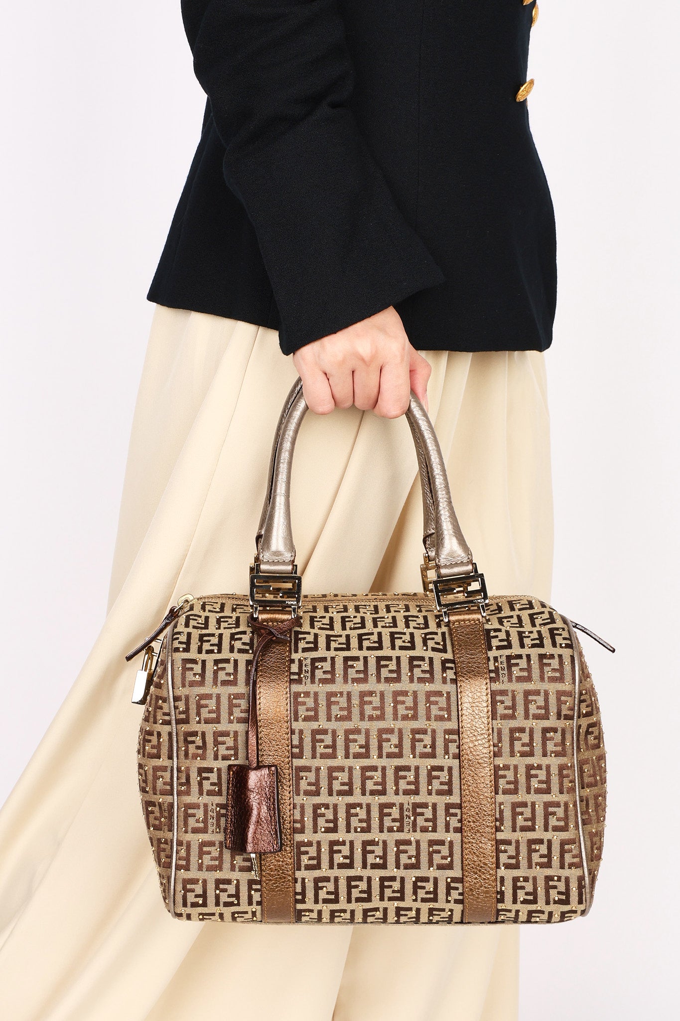 Fendi Zucchino Studded Boston Bag