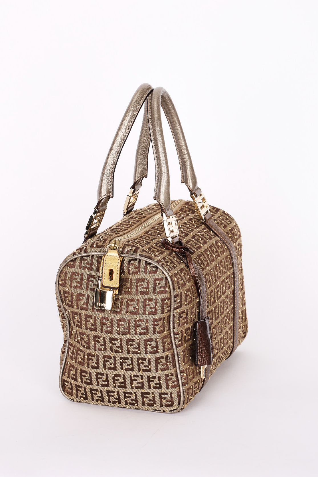Fendi Zucchino Studded Boston Bag