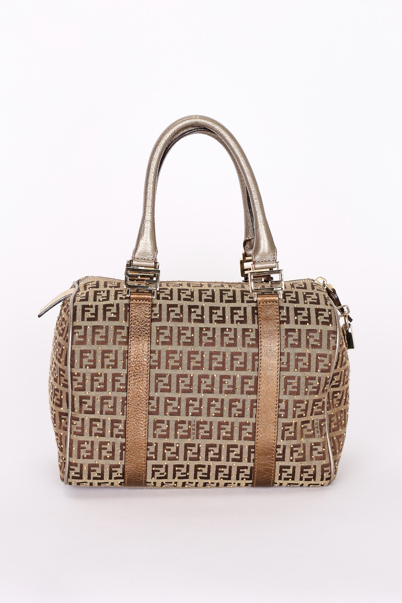 Fendi Zucchino Studded Boston Bag