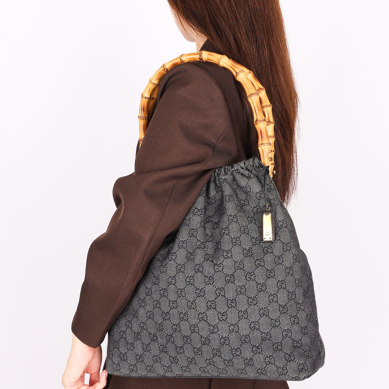 Gucci Monogram Denim Curtain Bamboo Top Handle Bag 1999