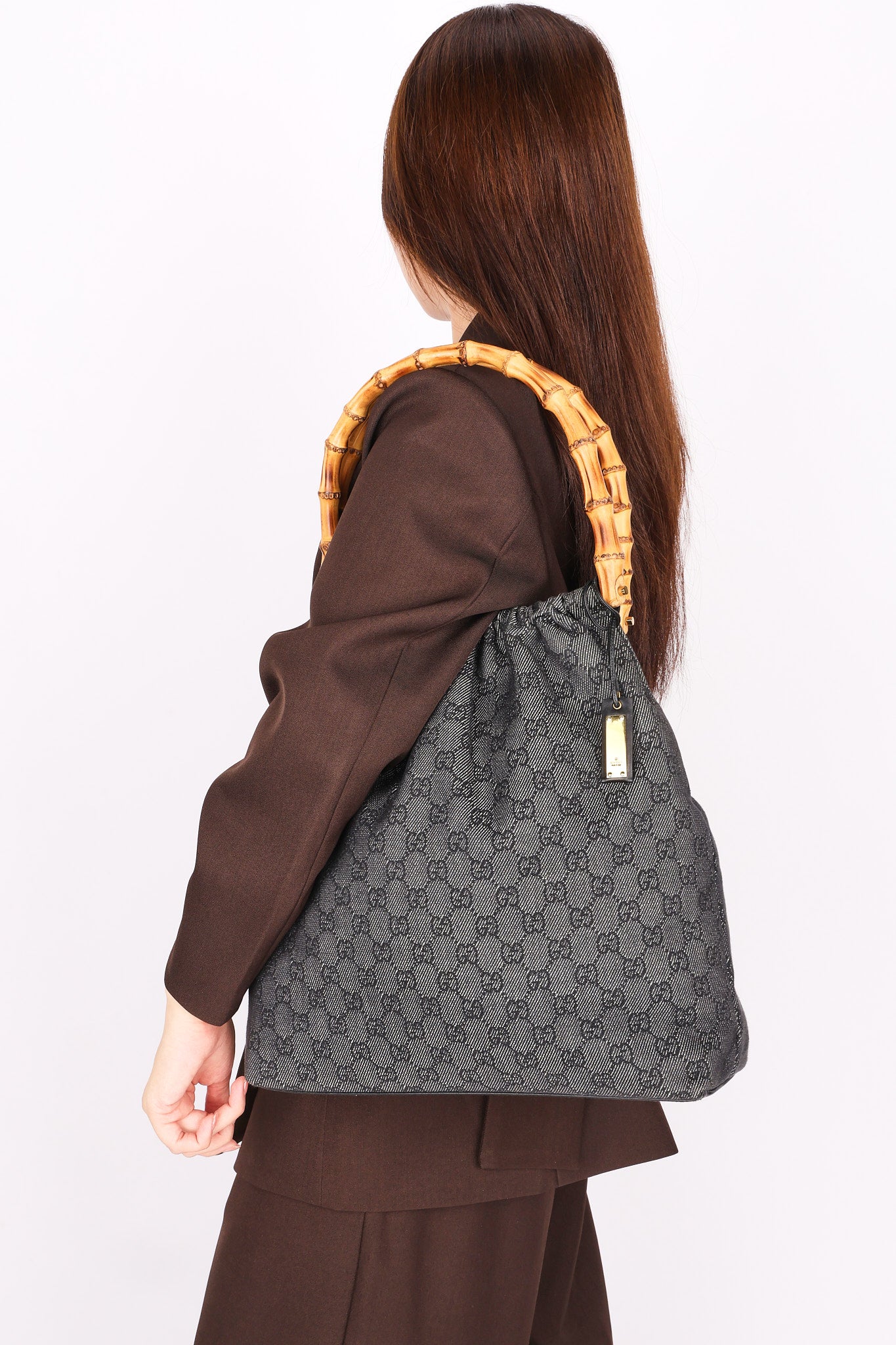 Gucci Monogram Denim Curtain Bamboo Top Handle Bag 1999