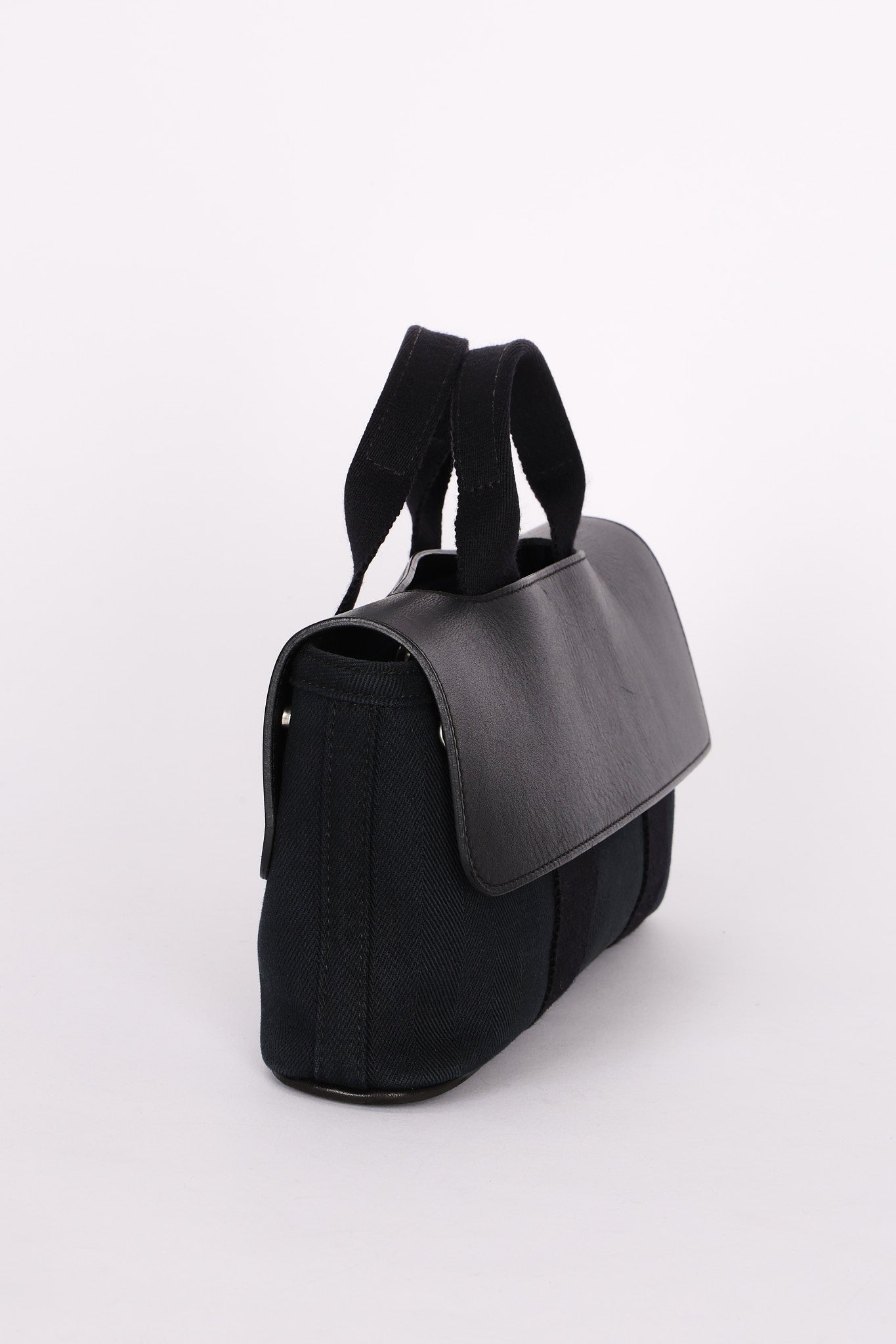 HERMES Valparaiso Long PM Toile Chevron Leather Hand Bag Black