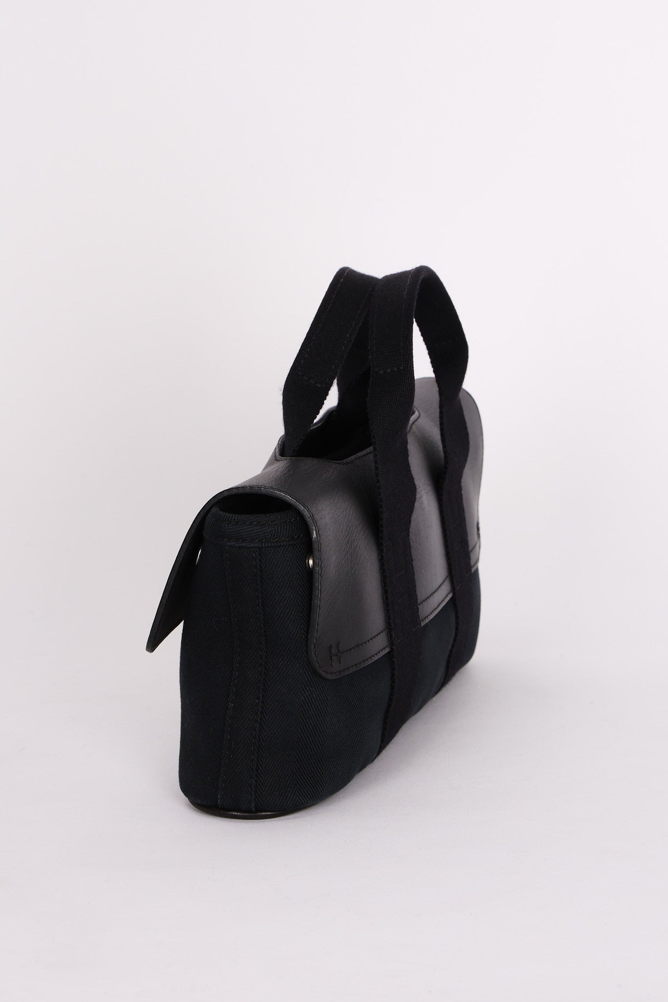 HERMES Valparaiso Long PM Toile Chevron Leather Hand Bag Black