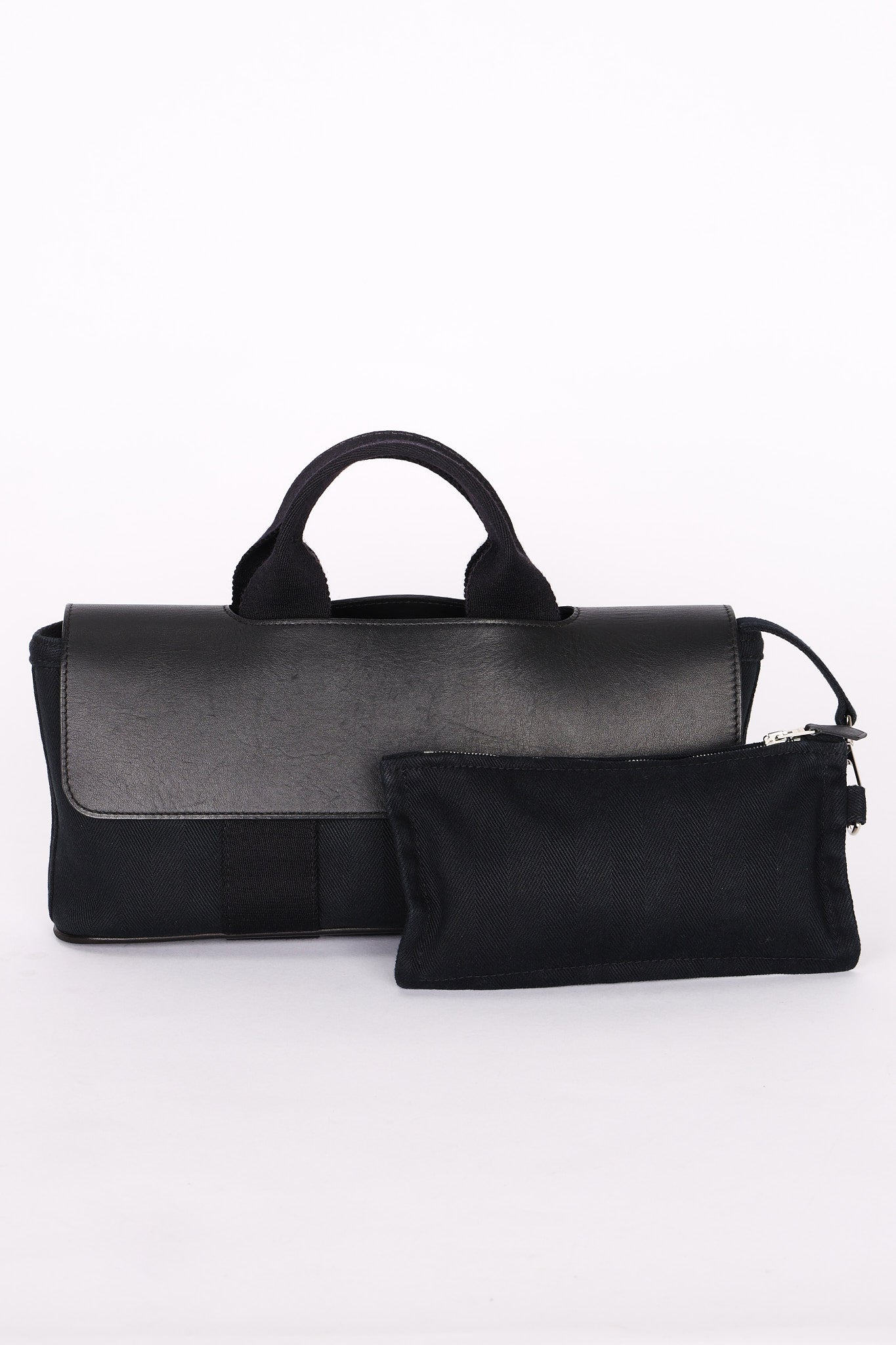HERMES Valparaiso Long PM Toile Chevron Leather Hand Bag Black
