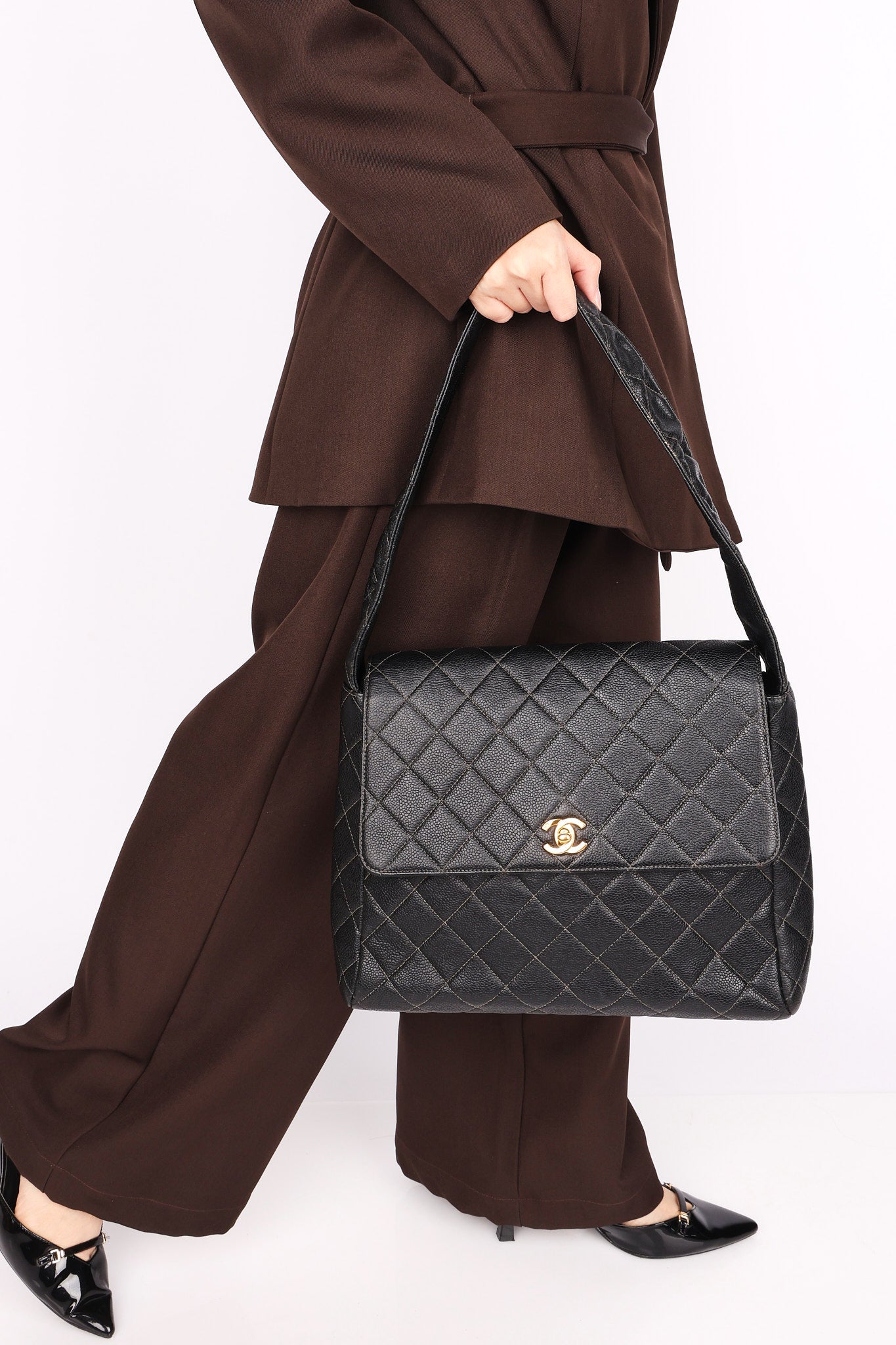 Chanel Kelly Shoulder Bag Black Caviar 1996 24K GP
