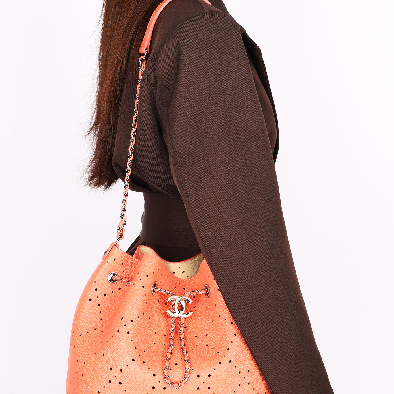 Chanel Perforated Bucket Bag Coral Caviar SHW