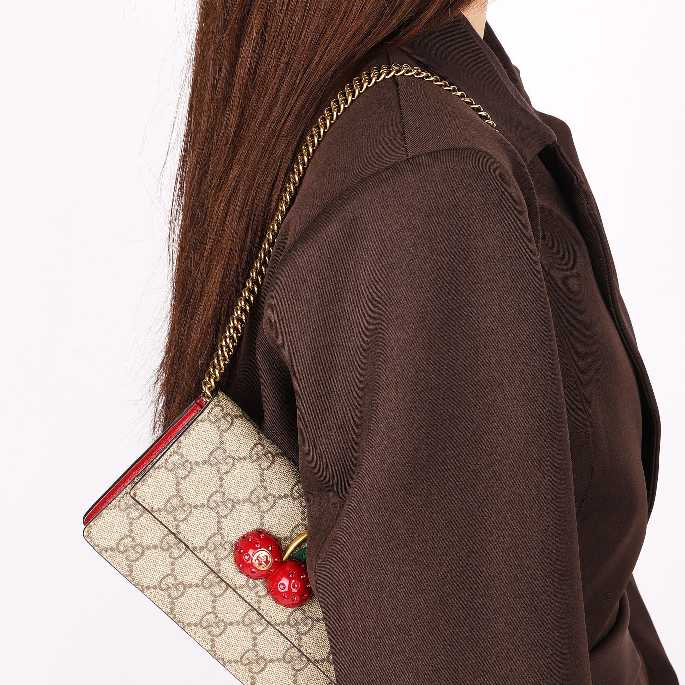 Gucci Monogram Supreme Cherry Clutch on Chain