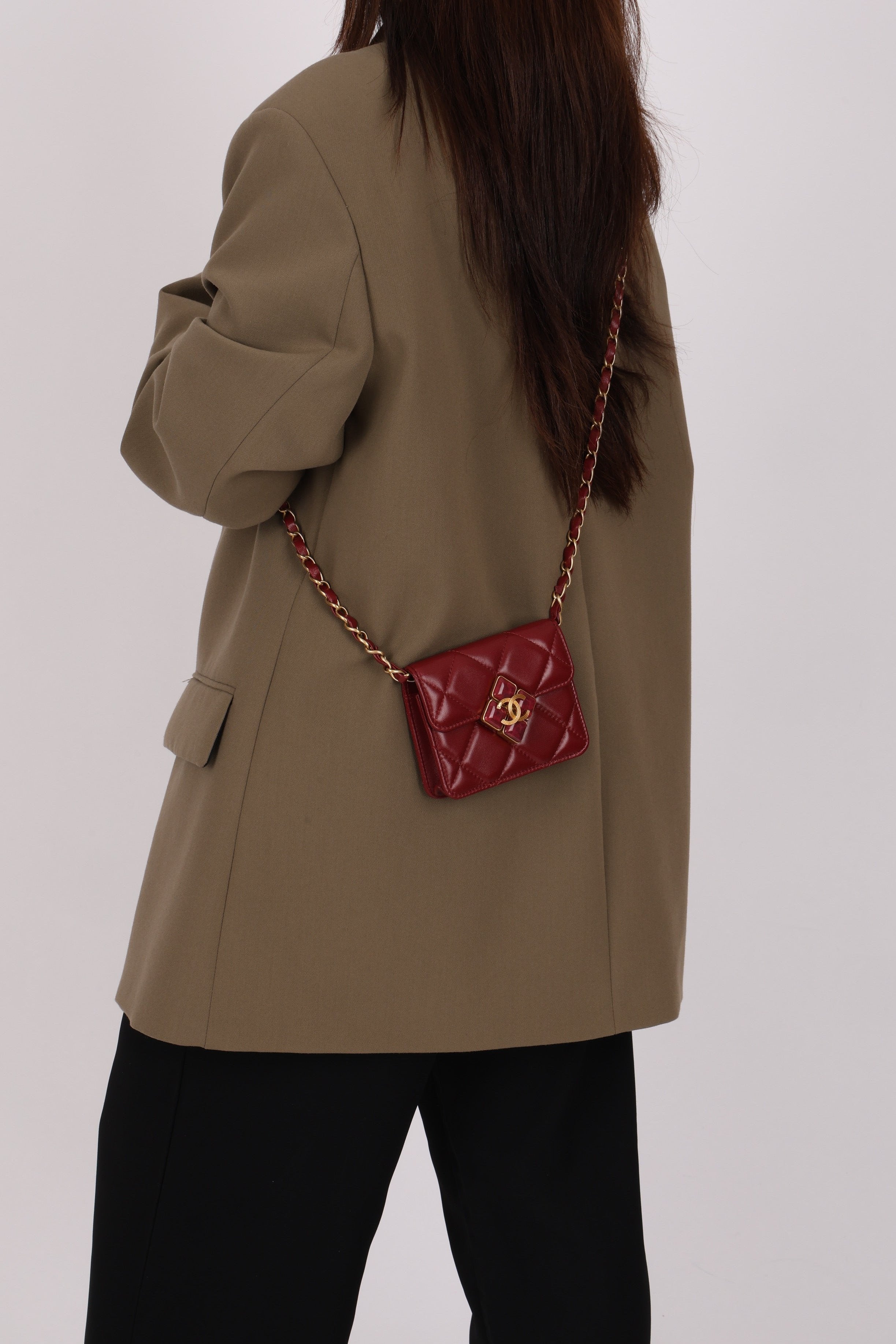 Chanel Enamel Diamond Card Holder on Chain Burgundy Lambskin 2021 AGHW (DONE)