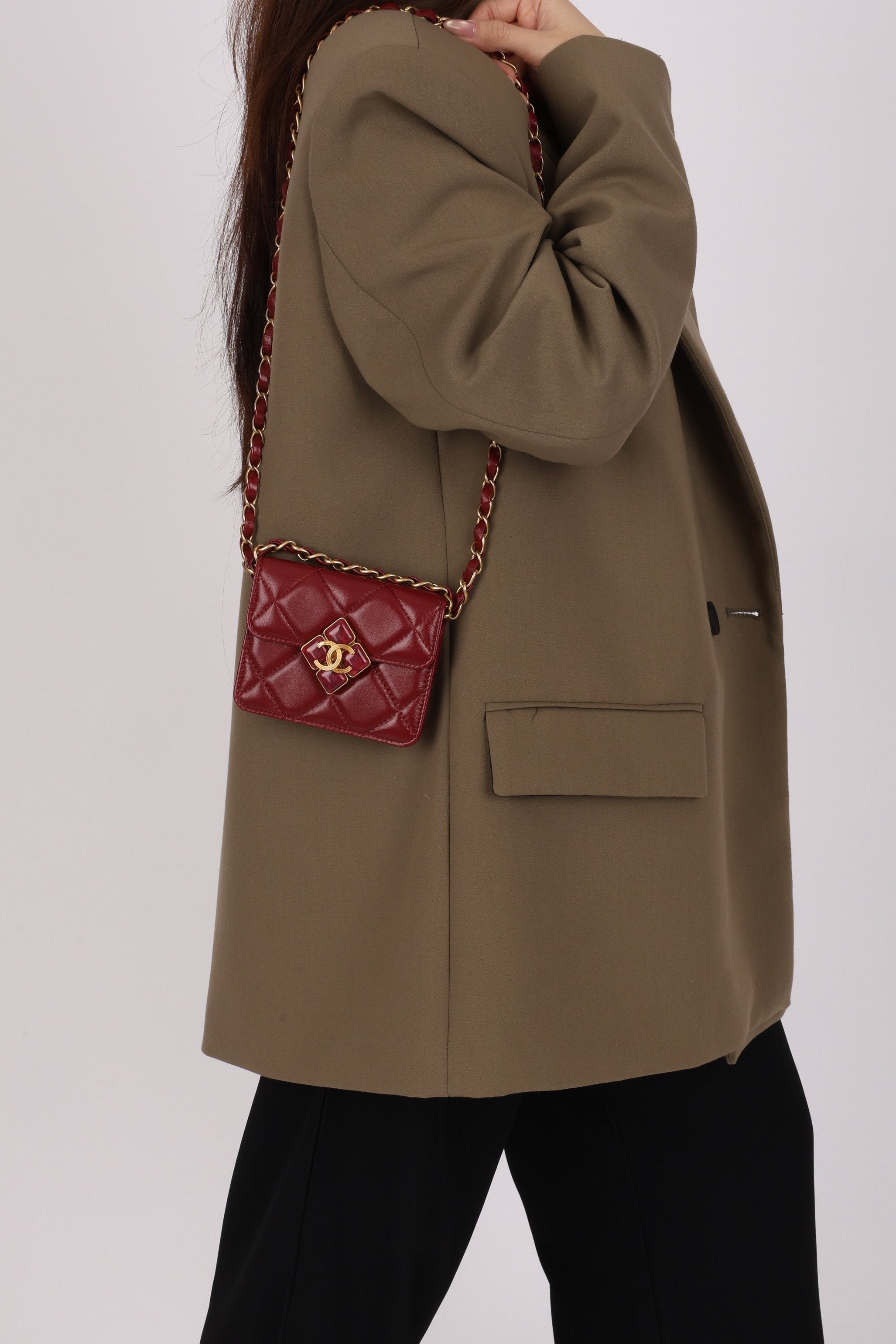 Chanel Enamel Diamond Card Holder on Chain Burgundy Lambskin 2021 AGHW (DONE)