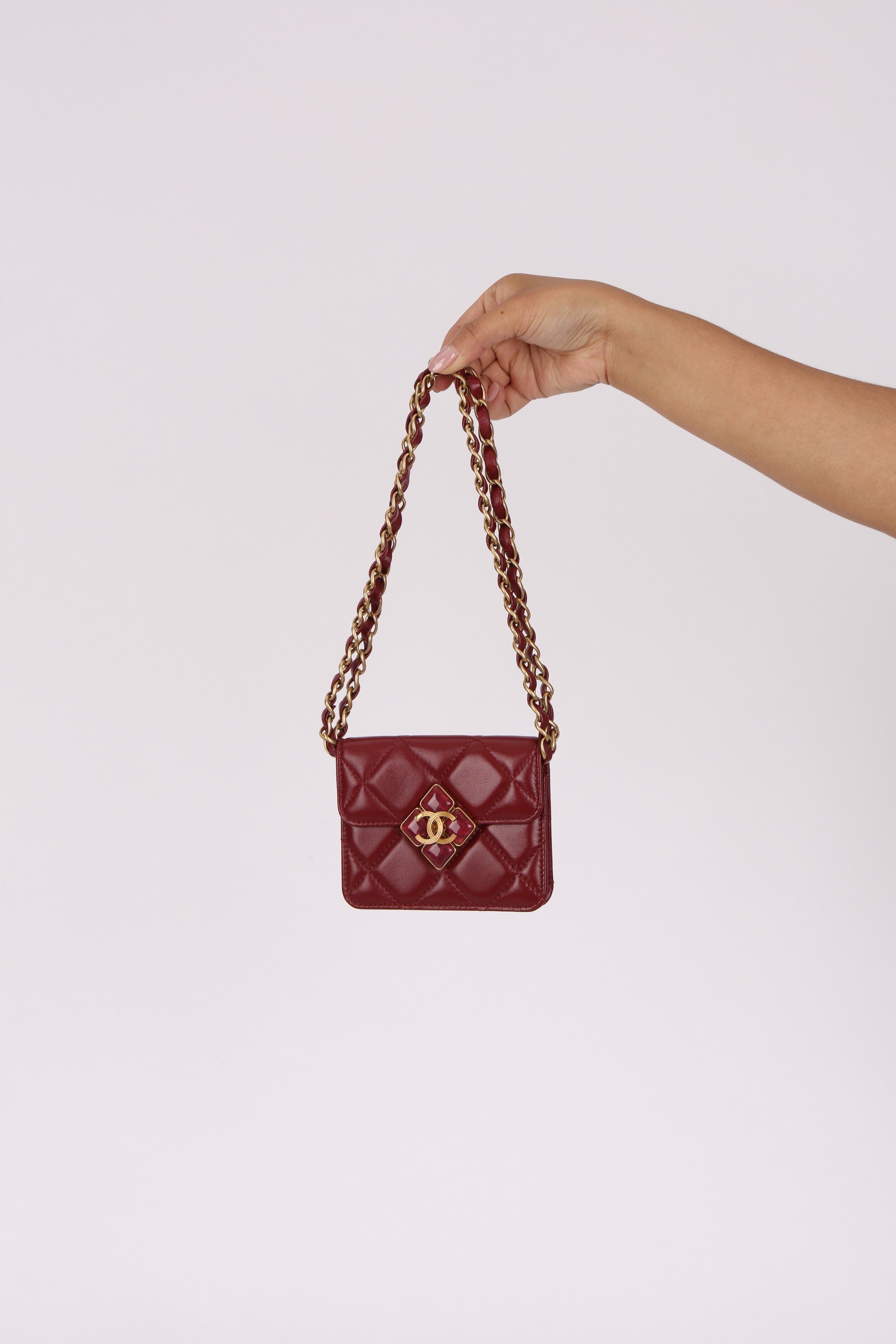 Chanel Enamel Diamond Card Holder on Chain Burgundy Lambskin AGHW
