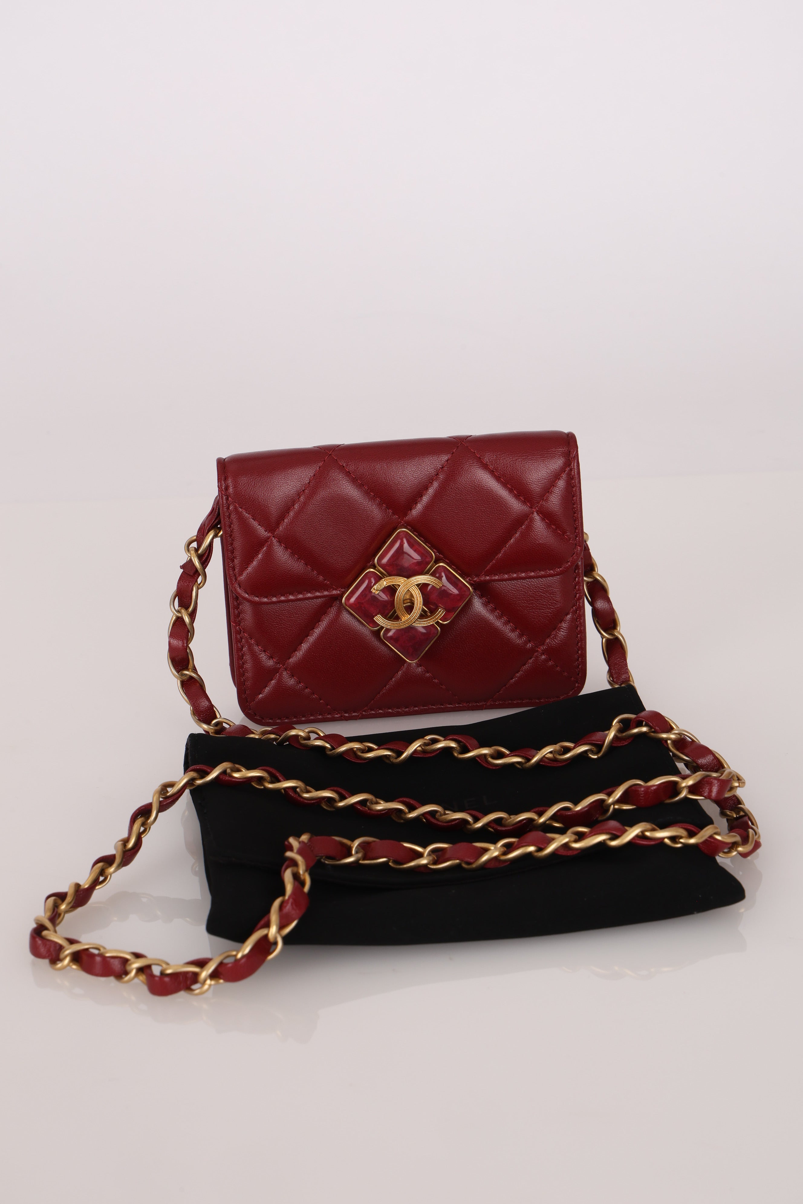 Chanel Enamel Diamond Card Holder on Chain Burgundy Lambskin AGHW