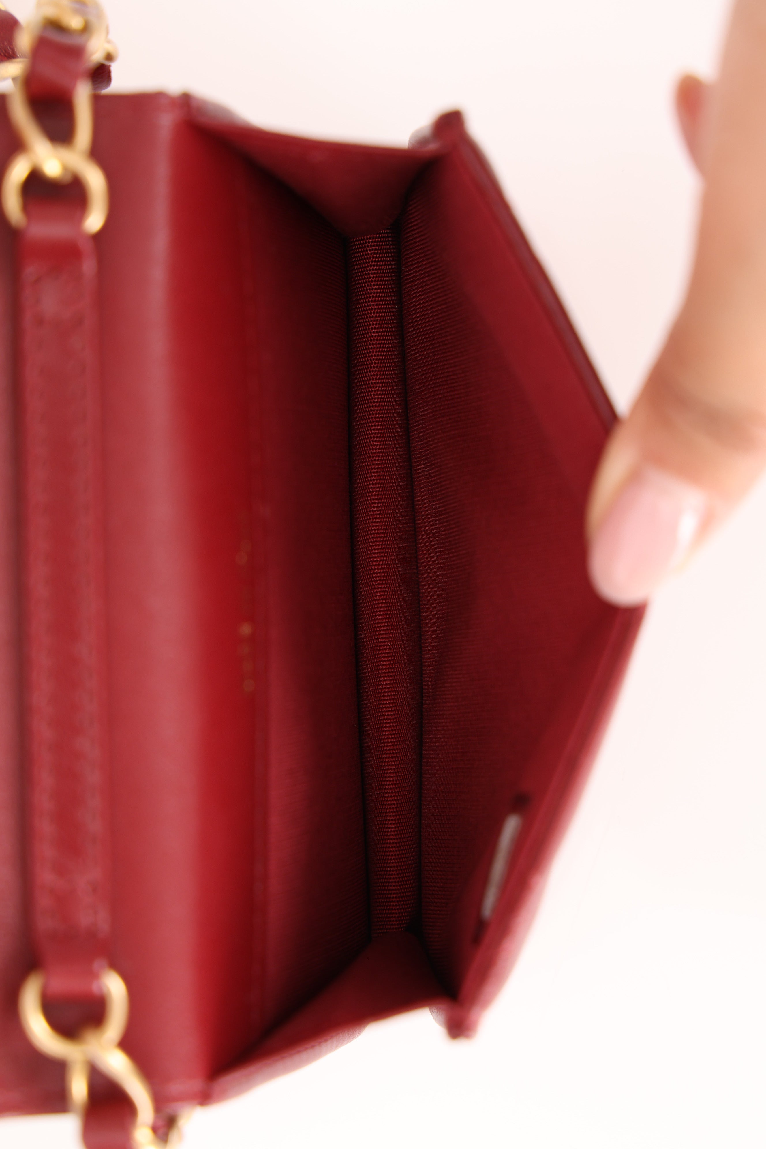 Chanel Enamel Diamond Card Holder on Chain Burgundy Lambskin AGHW