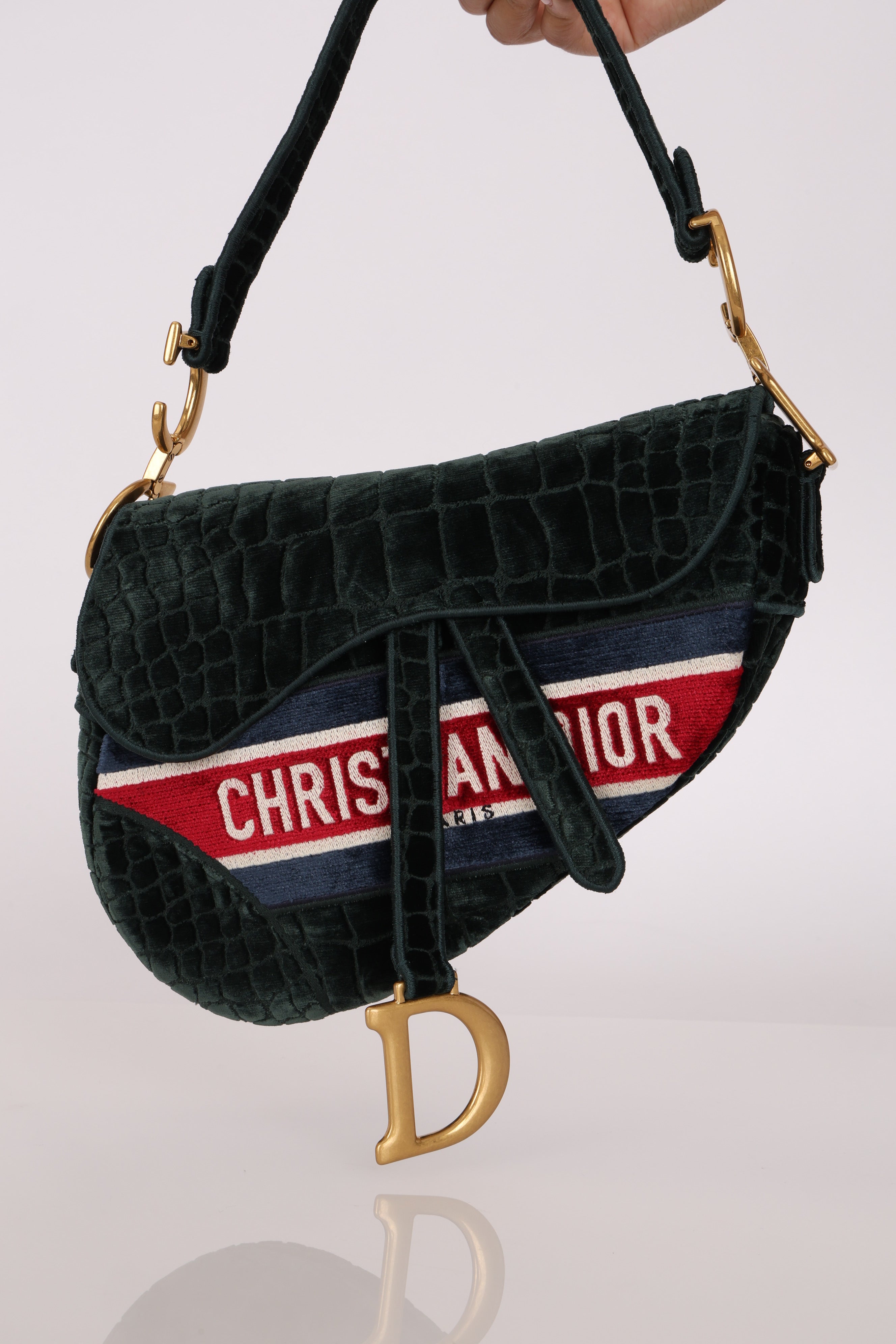 Dior Medium Saddle Bag Velvet Embroidered Crocodile Effect