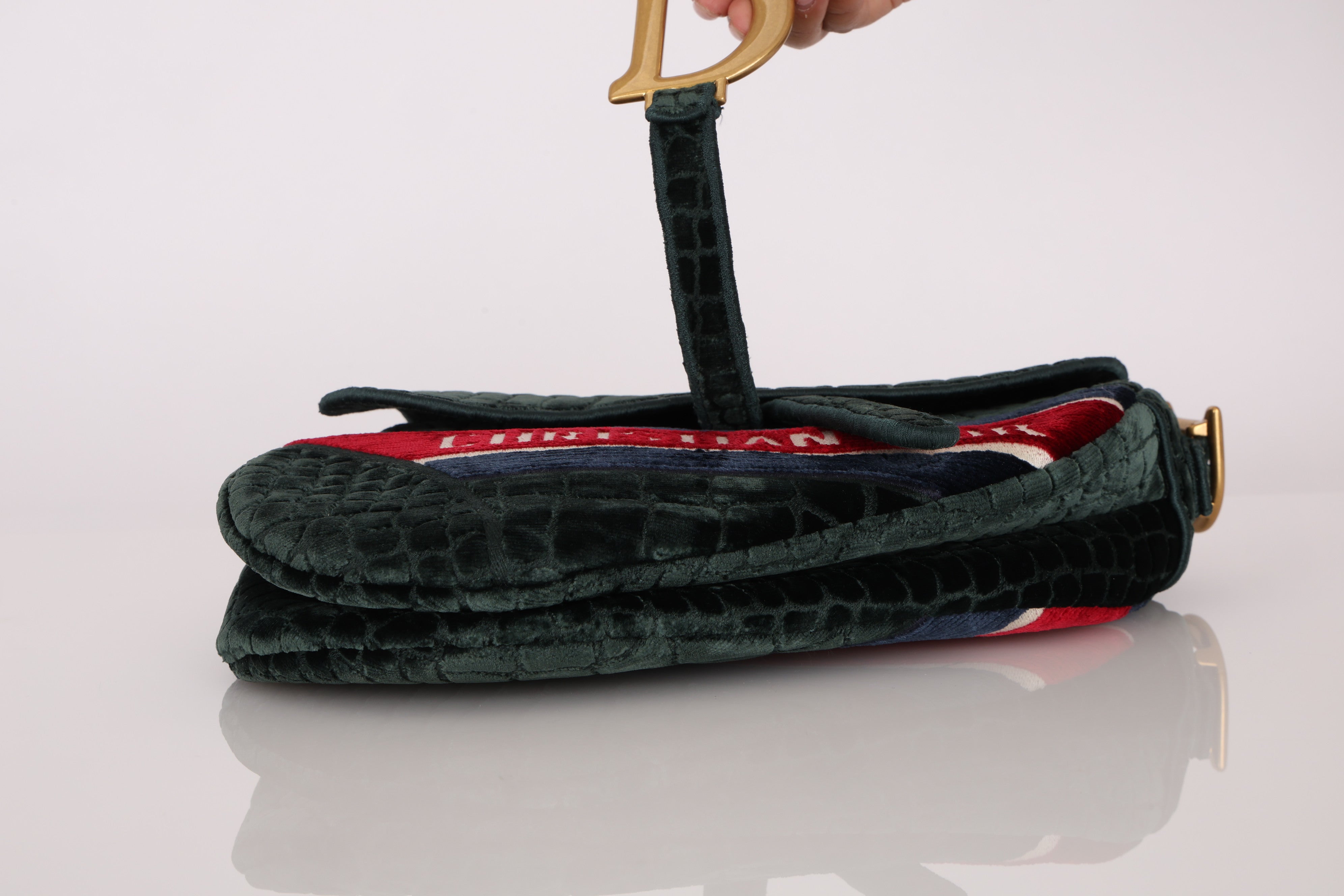 Dior Medium Saddle Bag Velvet Embroidered Crocodile Effect