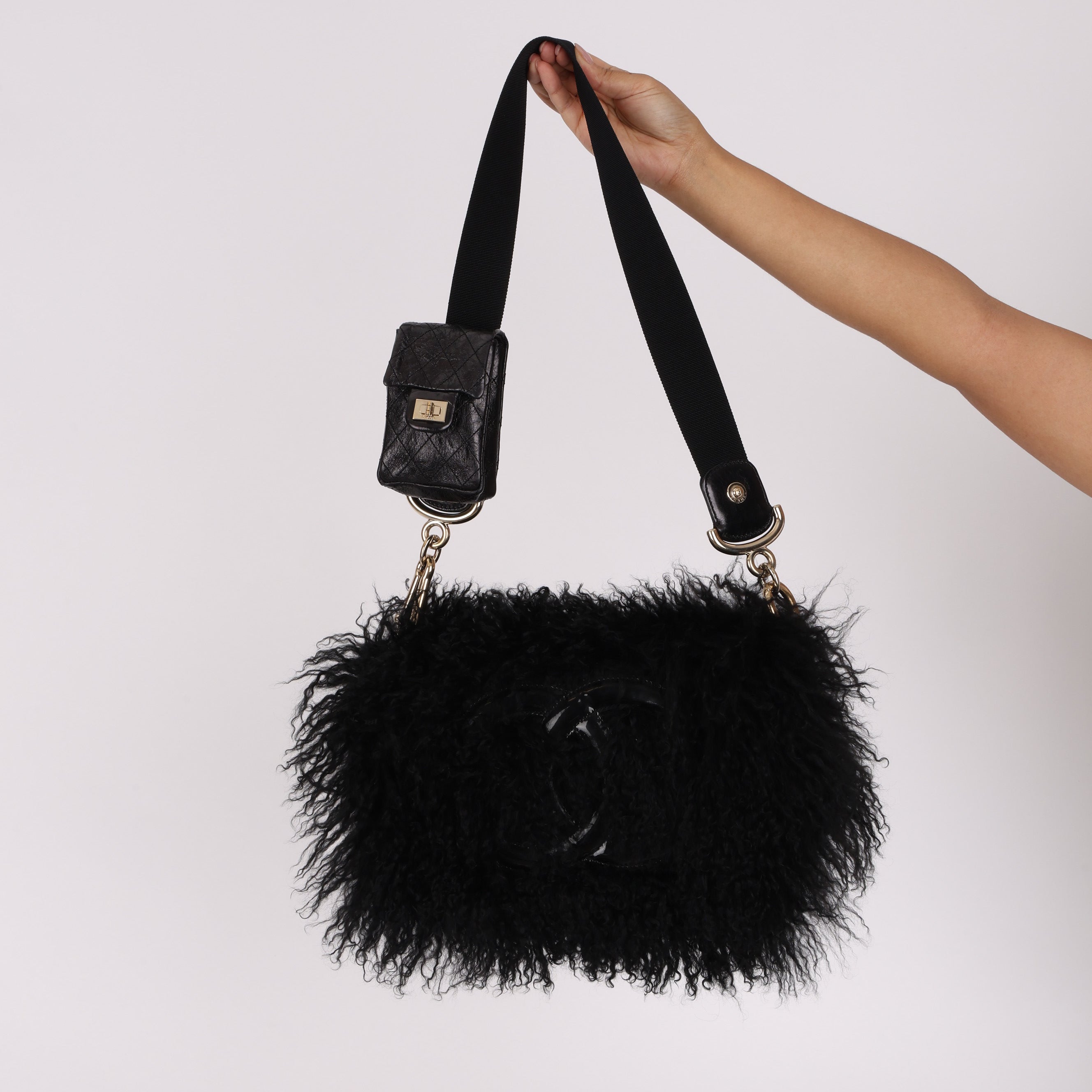 Chanel Shearling CC Flap with Mini Pouch Black CGHW