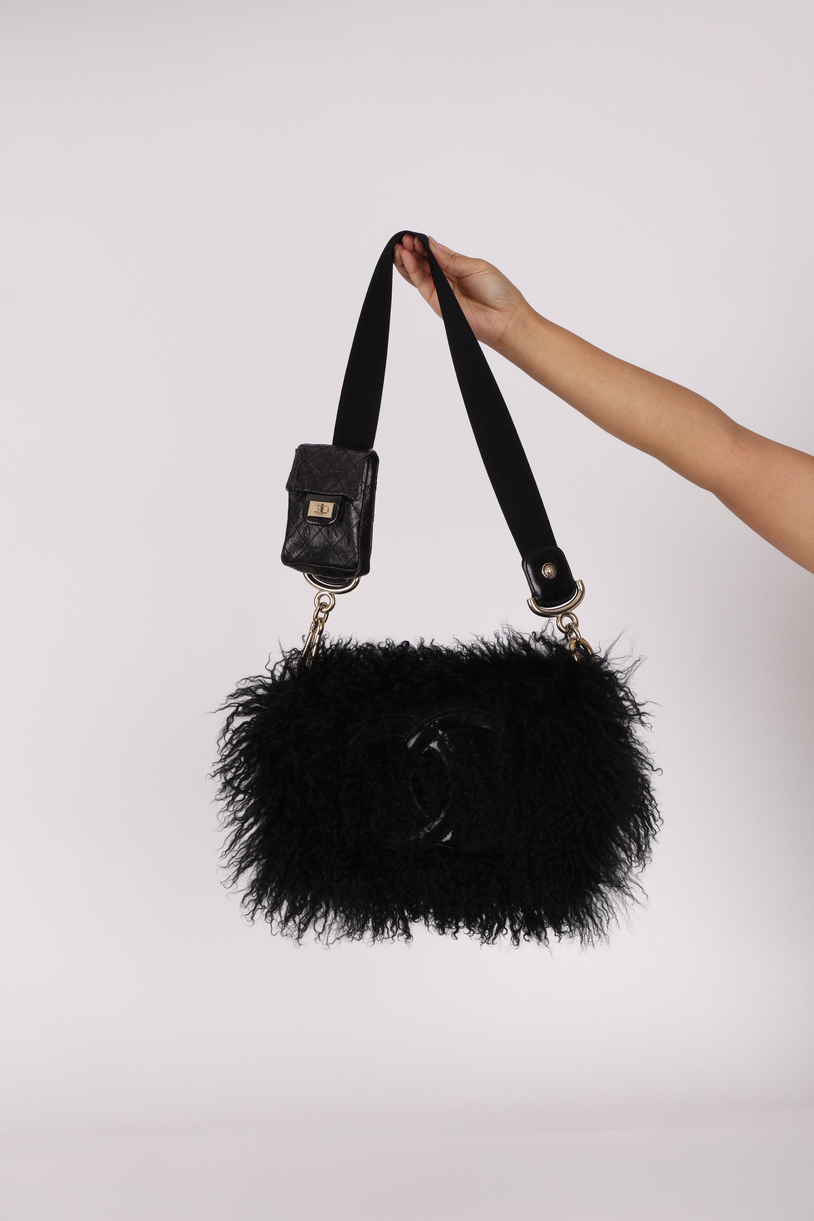Chanel Shearling CC Flap with Mini Pouch Black CGHW