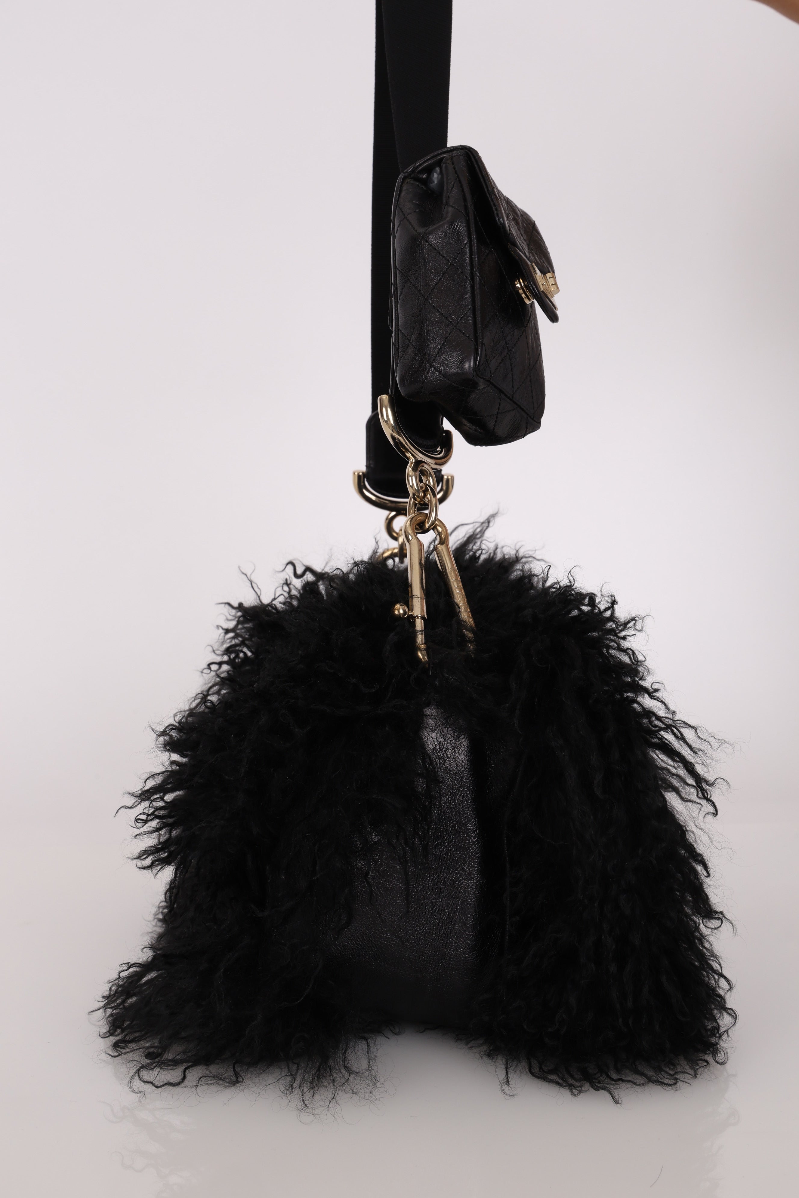 Chanel Shearling CC Flap with Mini Pouch Black CGHW