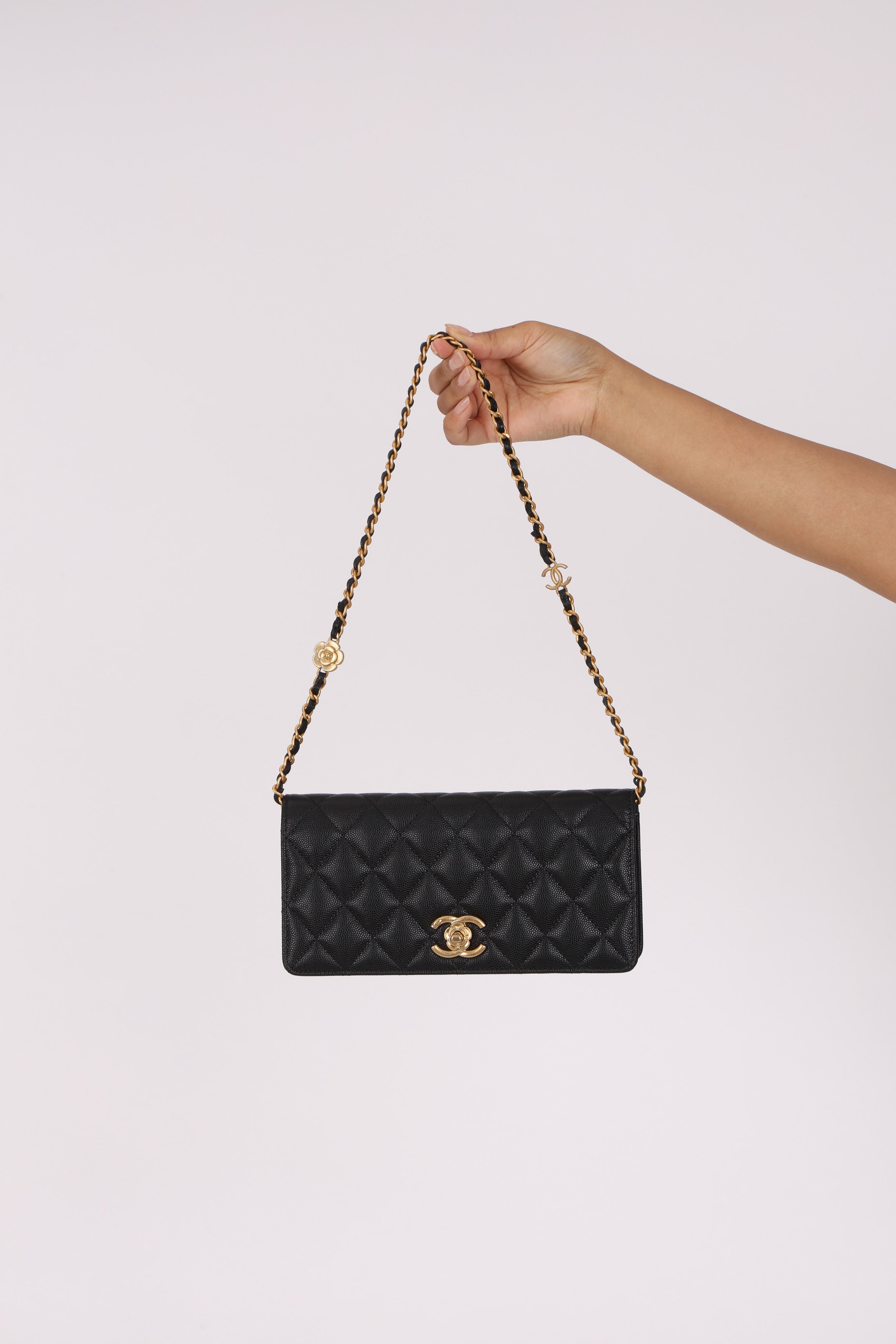 Chanel Camellia Clutch With Chain Black Caviar AGHW