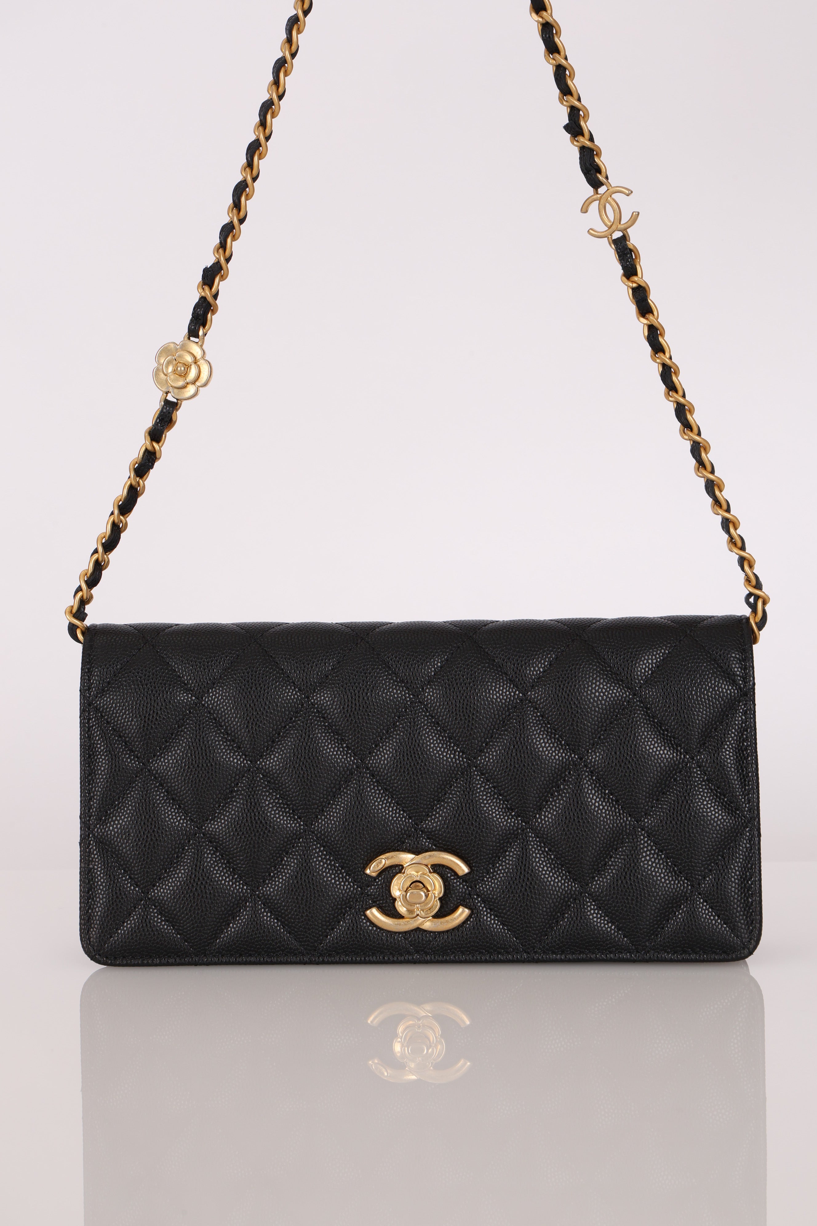 Chanel Camellia Clutch With Chain Black Caviar AGHW
