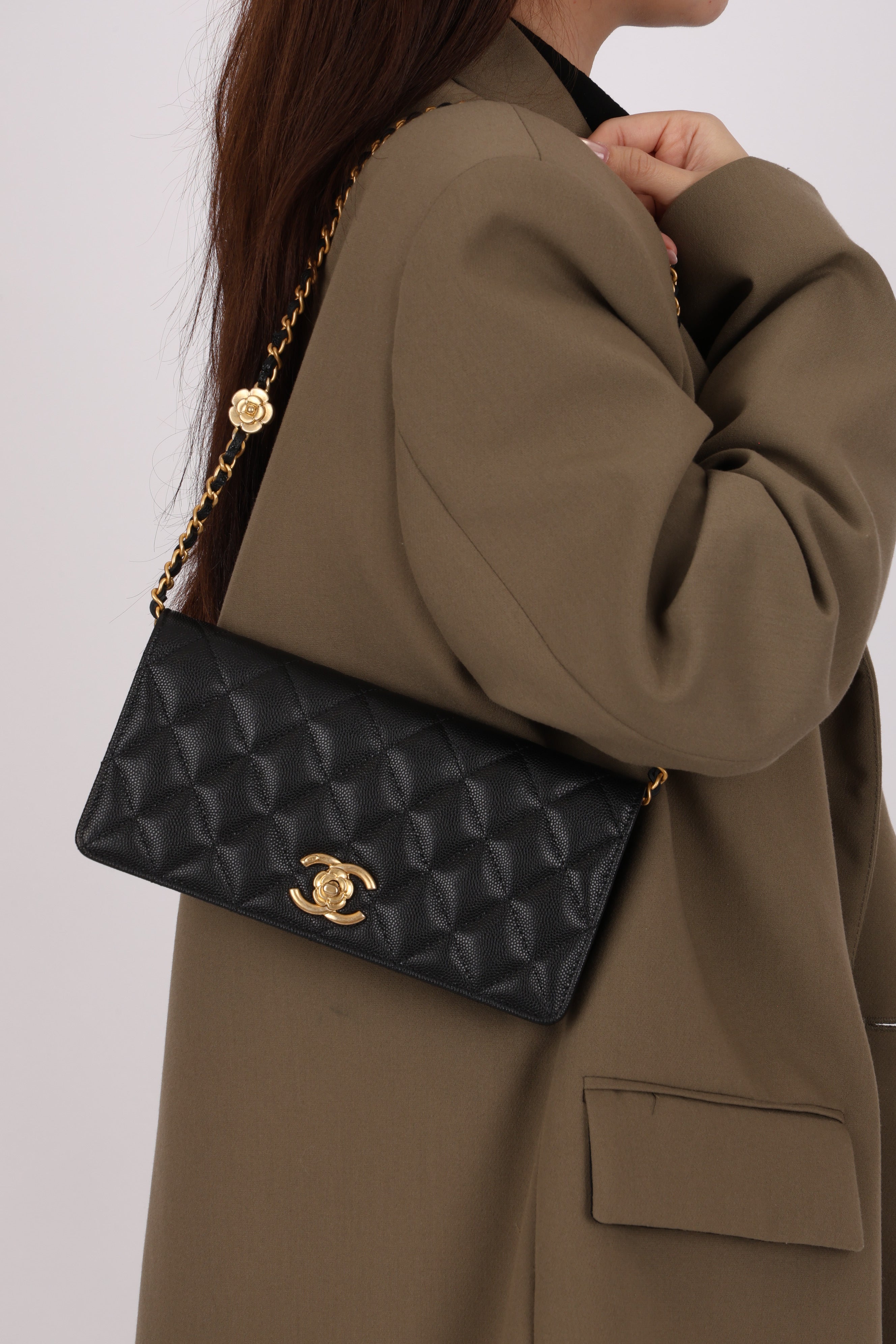 Chanel Camellia Clutch With Chain Black Caviar AGHW