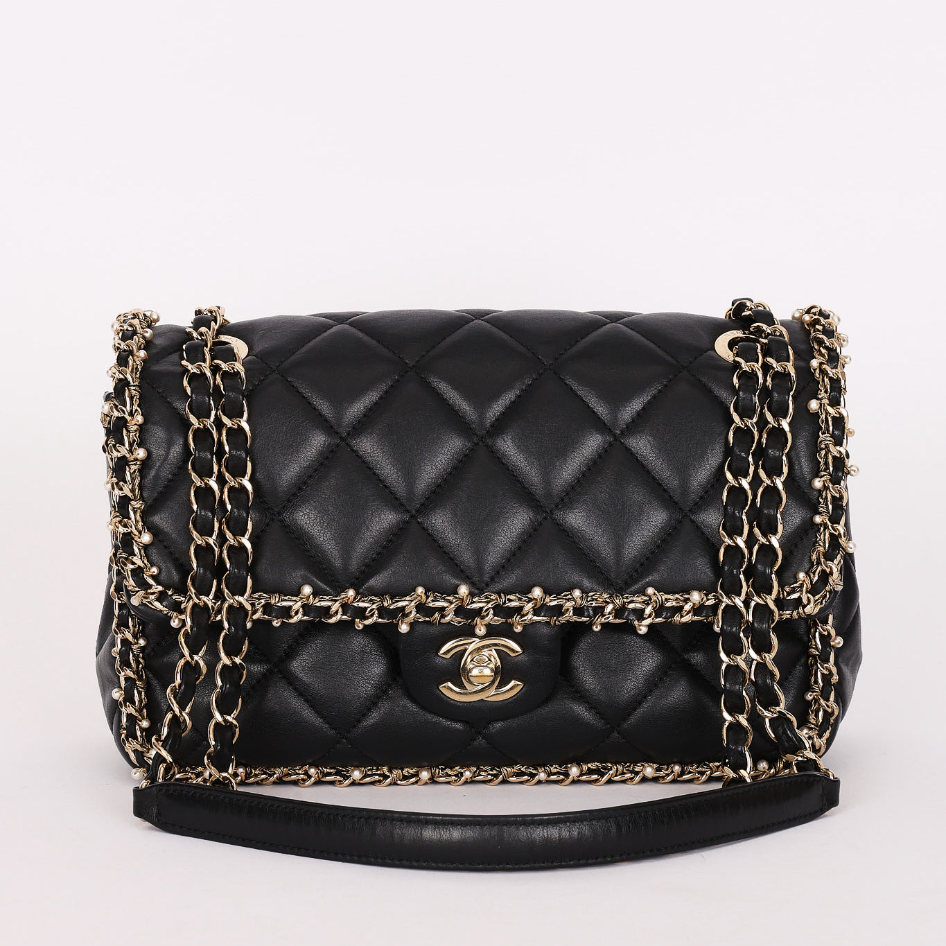 Chanel Matelasse Pearl and Chain Edge Single Flap Black Calfskin GHW