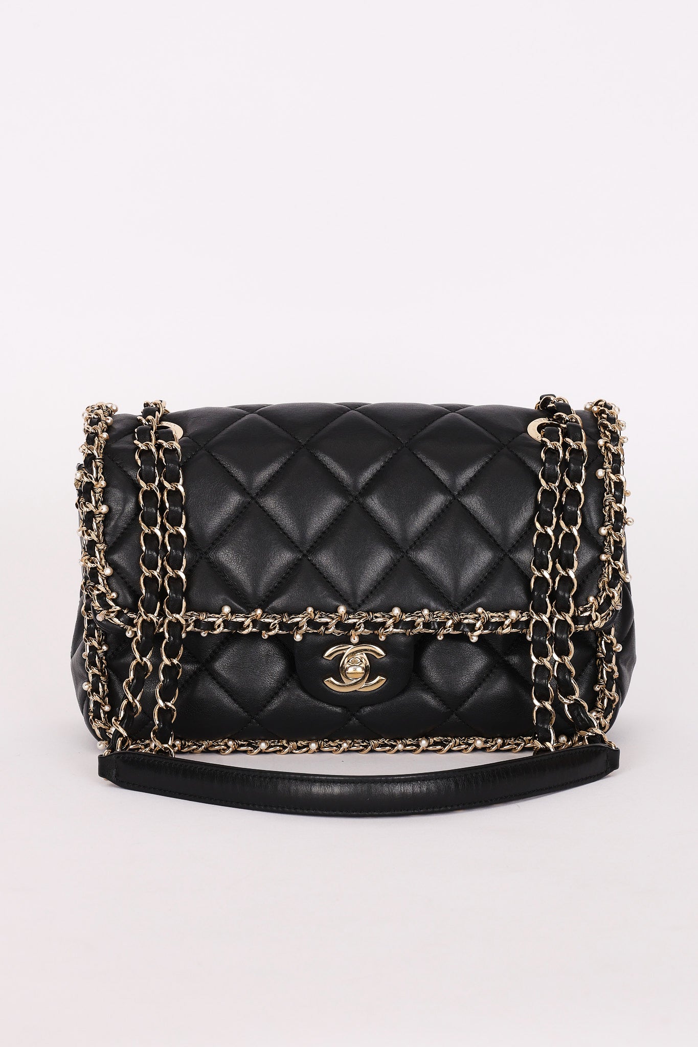 Chanel Matelasse Pearl and Chain Edge Single Flap Black Calfskin GHW