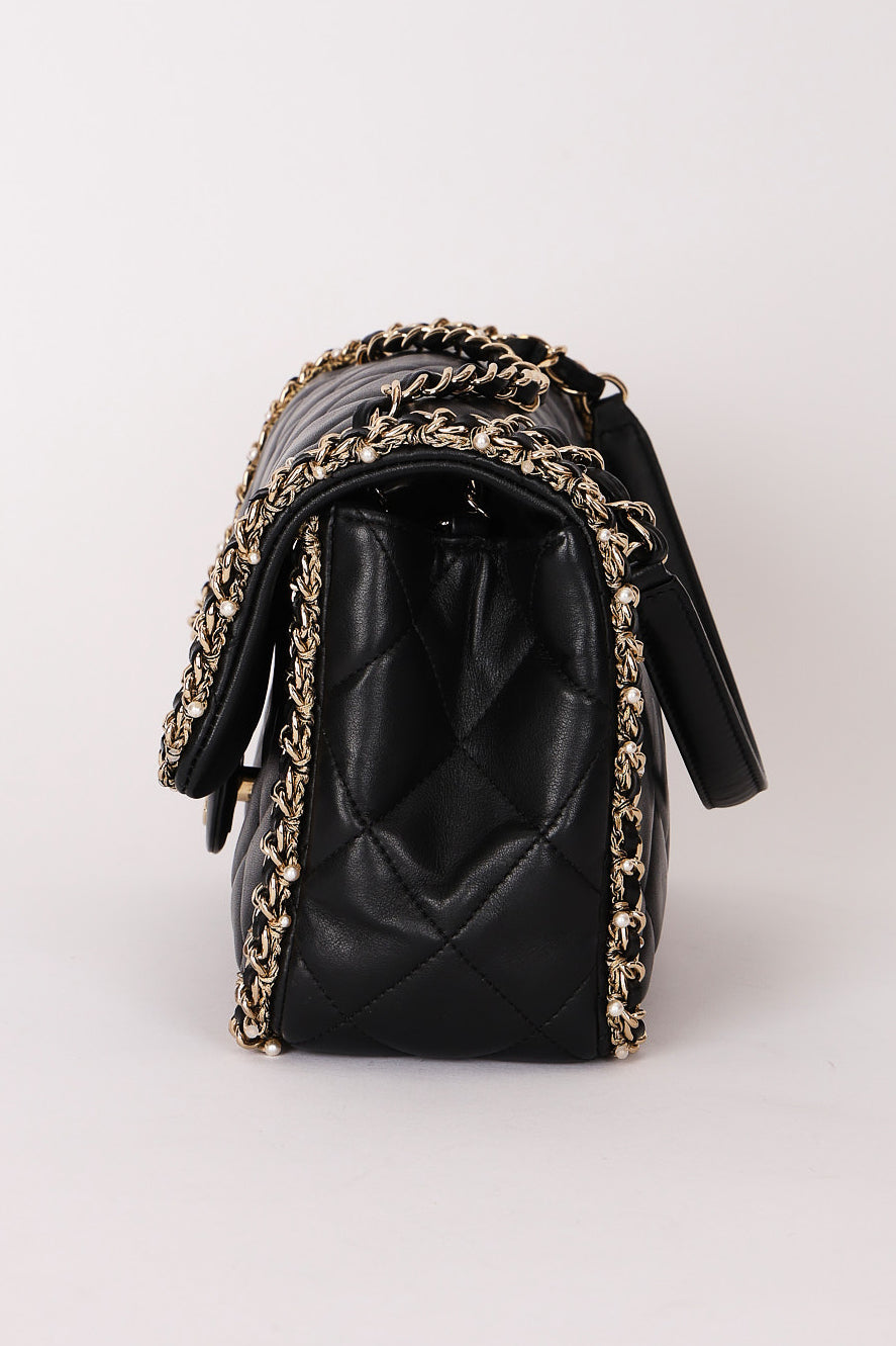 Chanel Matelasse Pearl and Chain Edge Single Flap Black Calfskin GHW