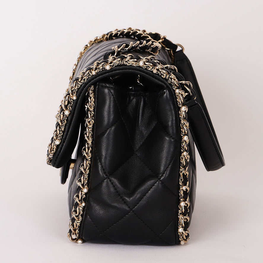 Chanel Matelasse Pearl and Chain Edge Single Flap Black Calfskin GHW