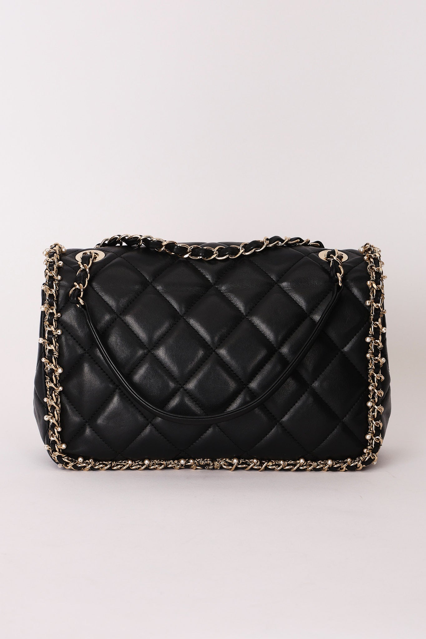 Chanel Matelasse Pearl and Chain Edge Single Flap Black Calfskin GHW