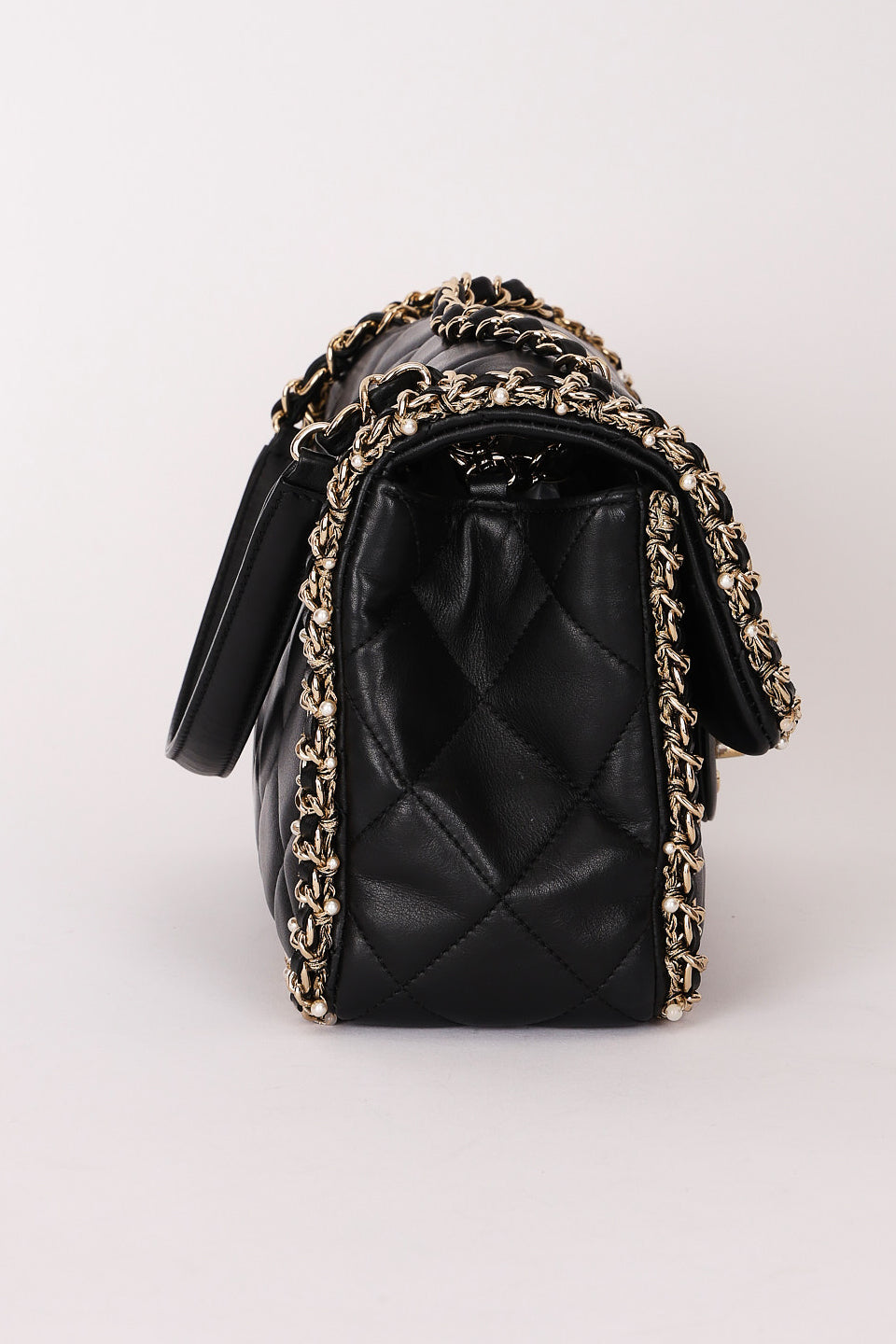 Chanel Matelasse Pearl and Chain Edge Single Flap Black Calfskin GHW