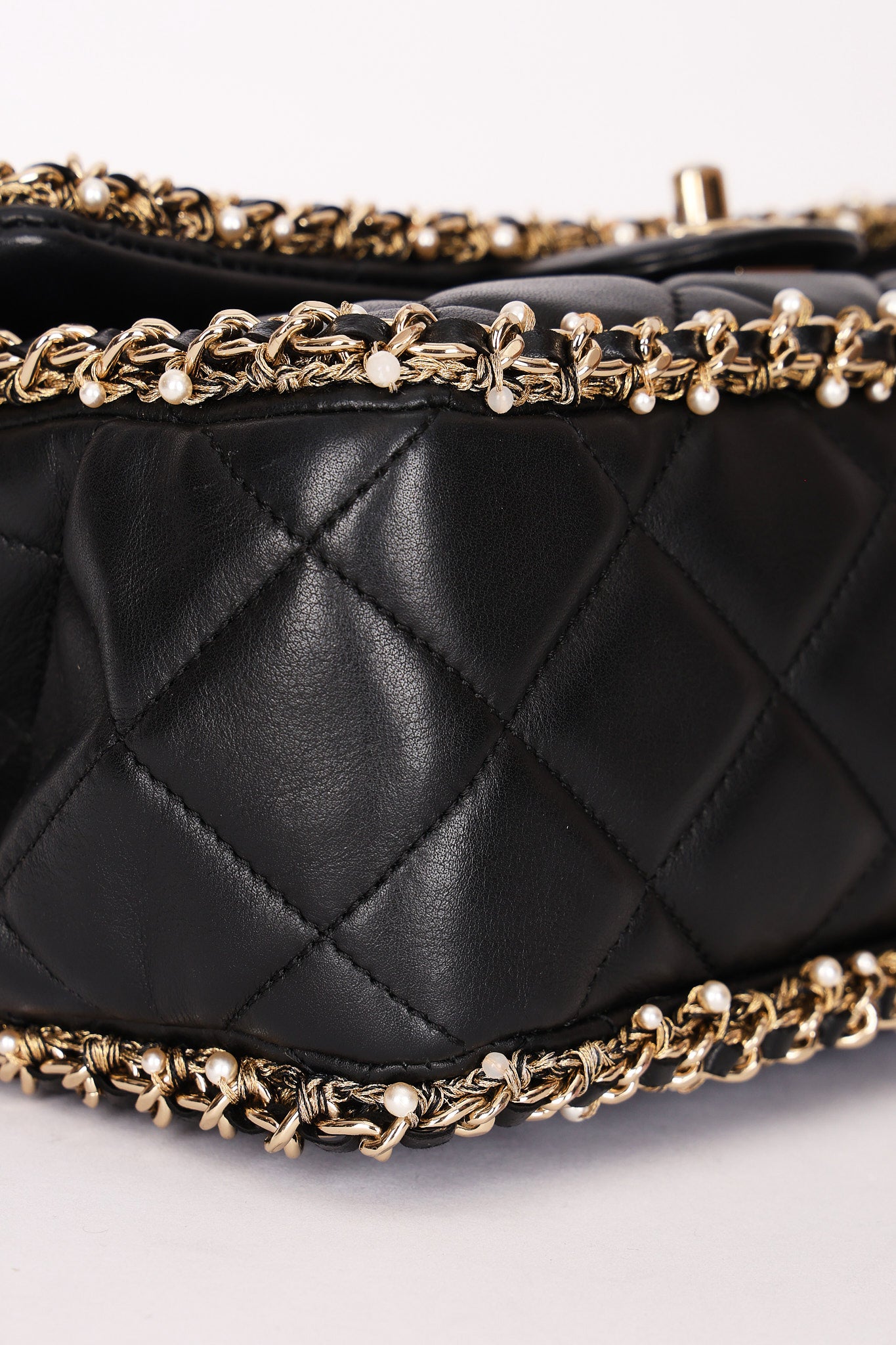 Chanel Matelasse Pearl and Chain Edge Single Flap Black Calfskin GHW