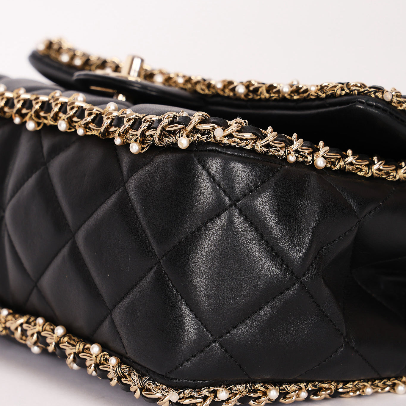 Chanel Matelasse Pearl and Chain Edge Single Flap Black Calfskin GHW