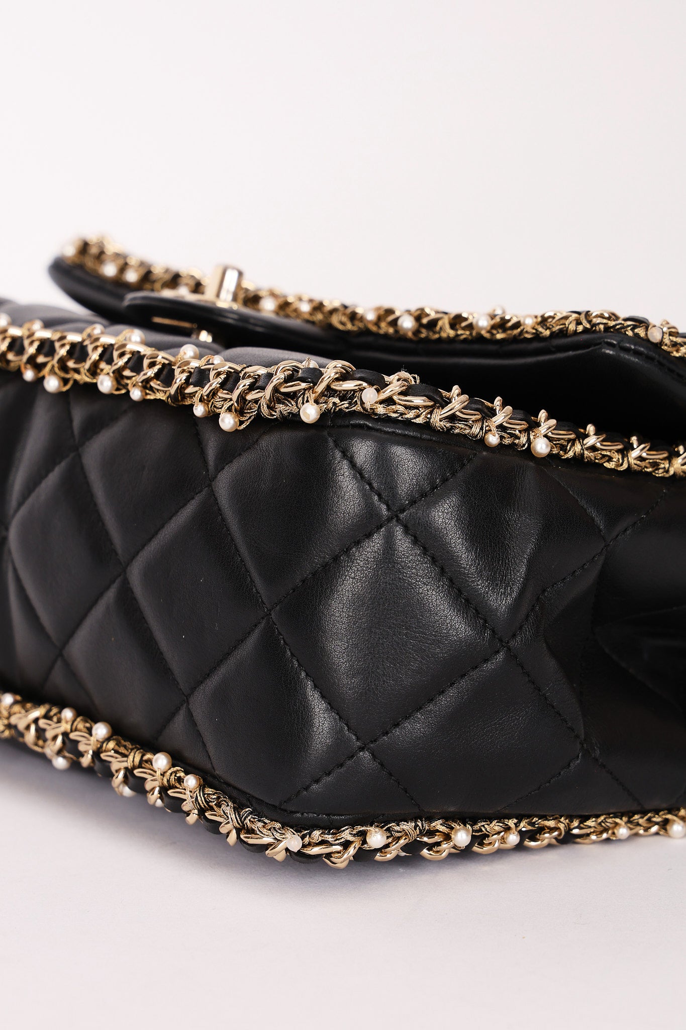 Chanel Matelasse Pearl and Chain Edge Single Flap Black Calfskin GHW