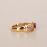 1980s - 1990s 18K Yellow Gold Ruby and Diamond Oval Halo Ring, Size US 6 - Drop 23