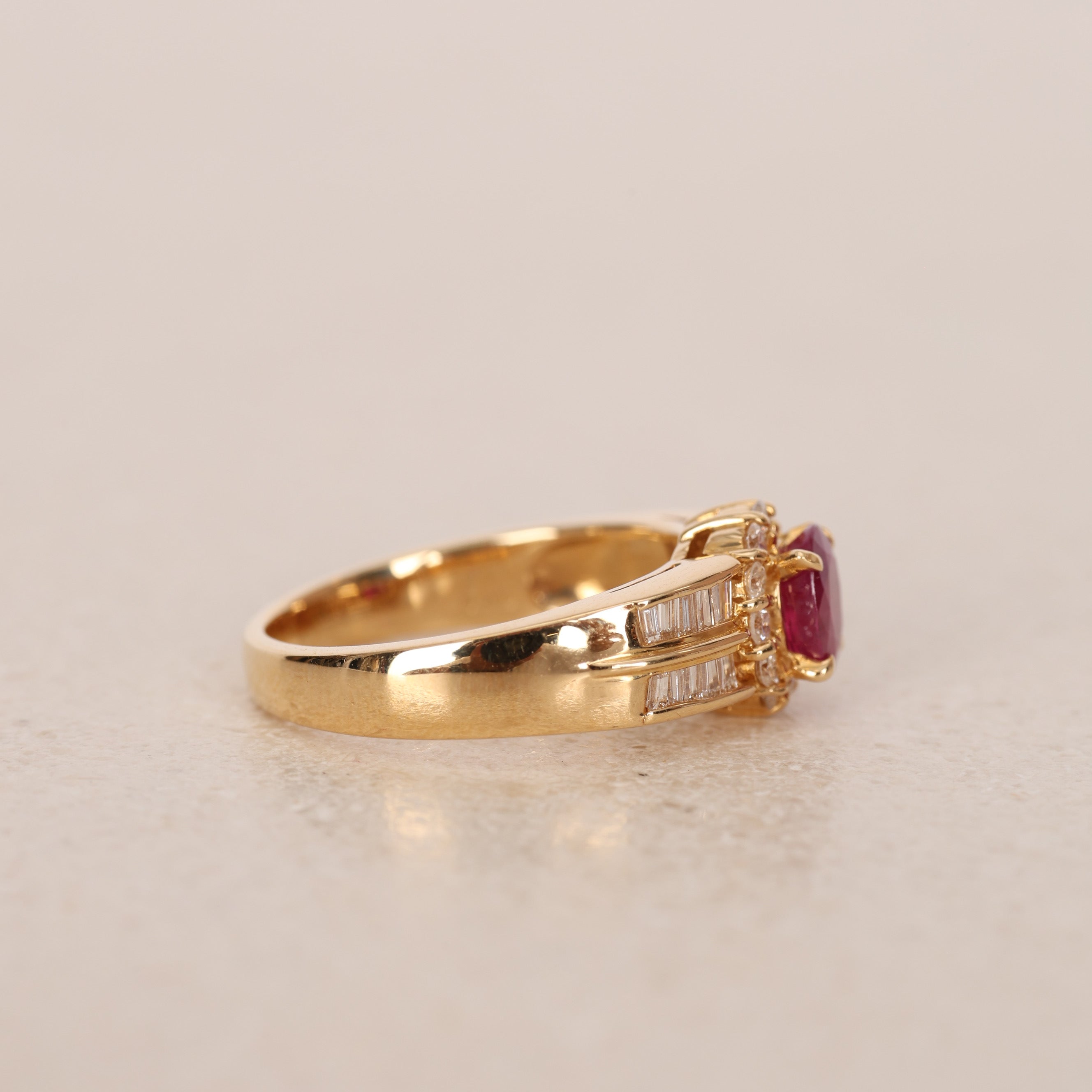1980s - 1990s 18K Yellow Gold Ruby and Diamond Oval Halo Ring, Size US 6