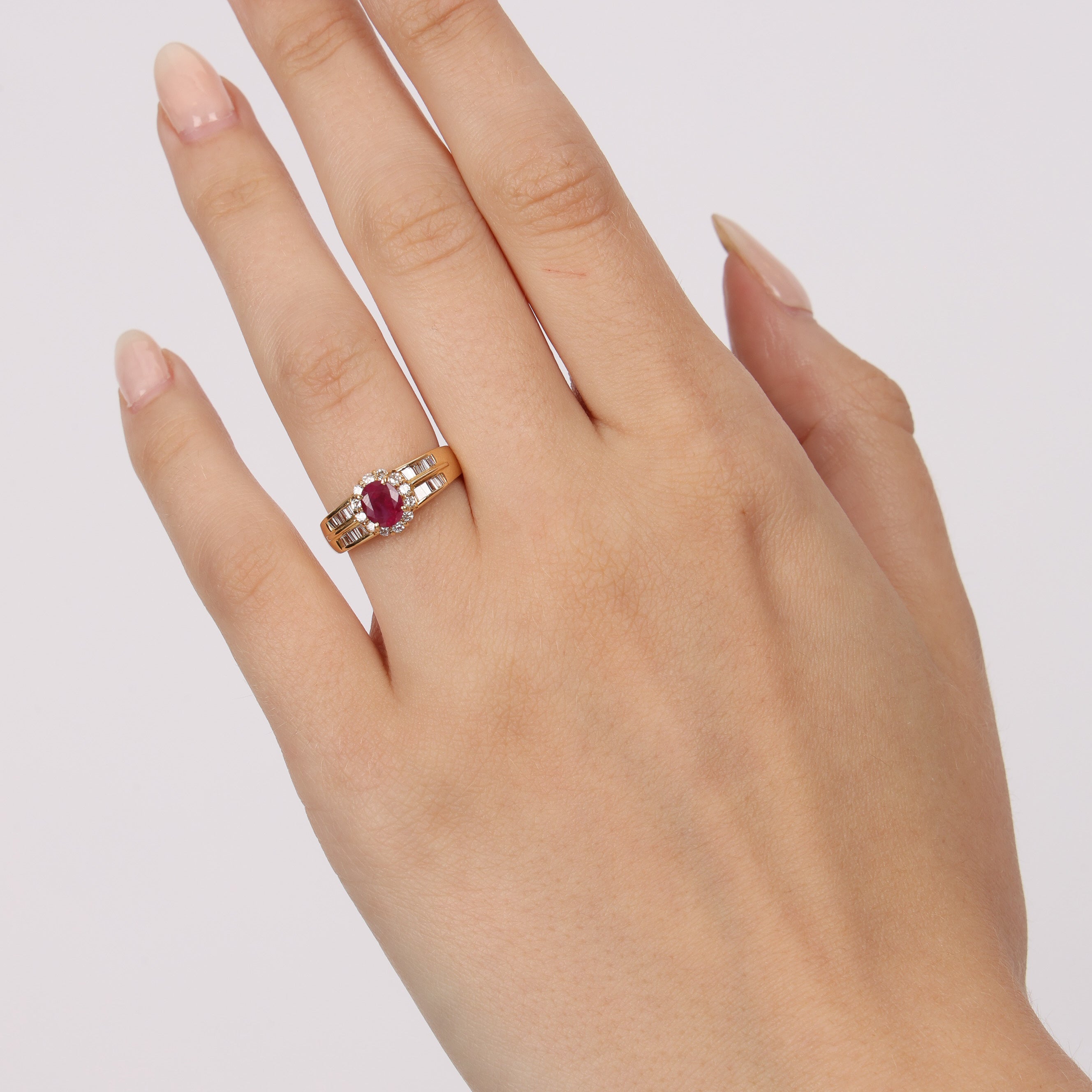 18K Yellow Gold Ruby and Diamond Oval Halo Ring, Size US 6