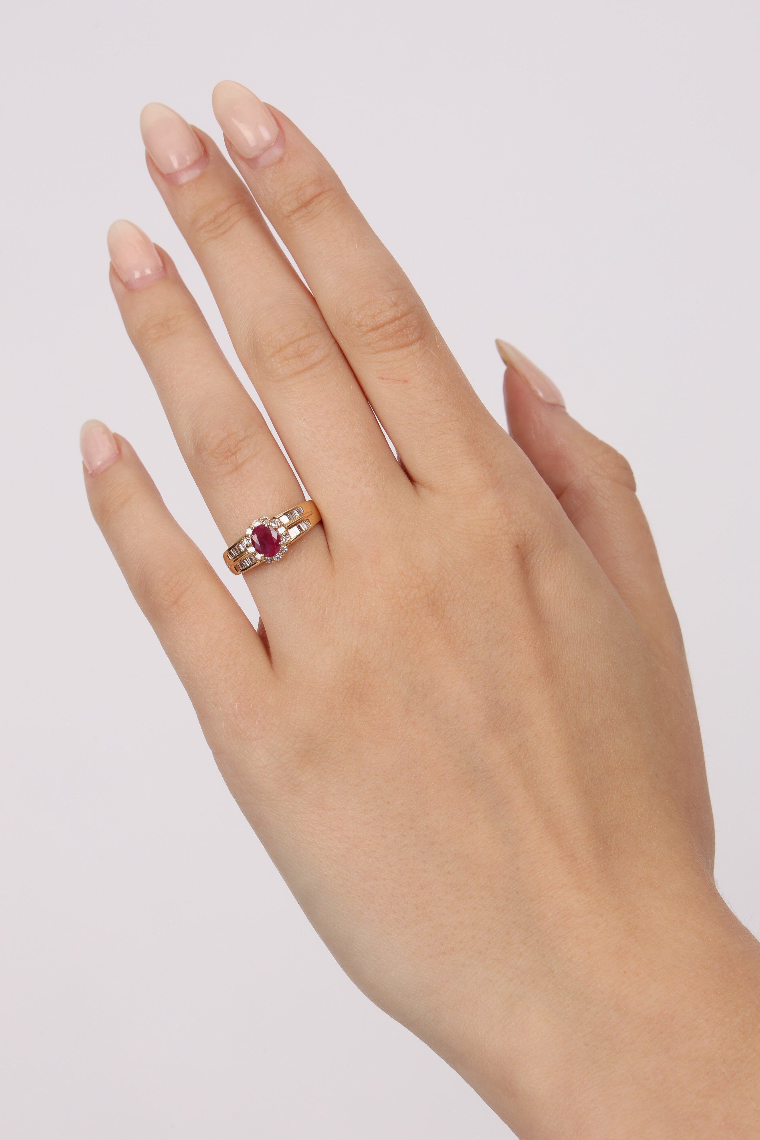 18K Yellow Gold Ruby and Diamond Oval Halo Ring, Size US 6