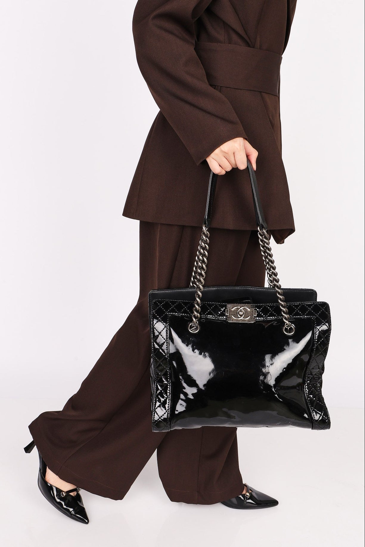 Chanel Boy Reverso Shopping Tote Black Patent RHW