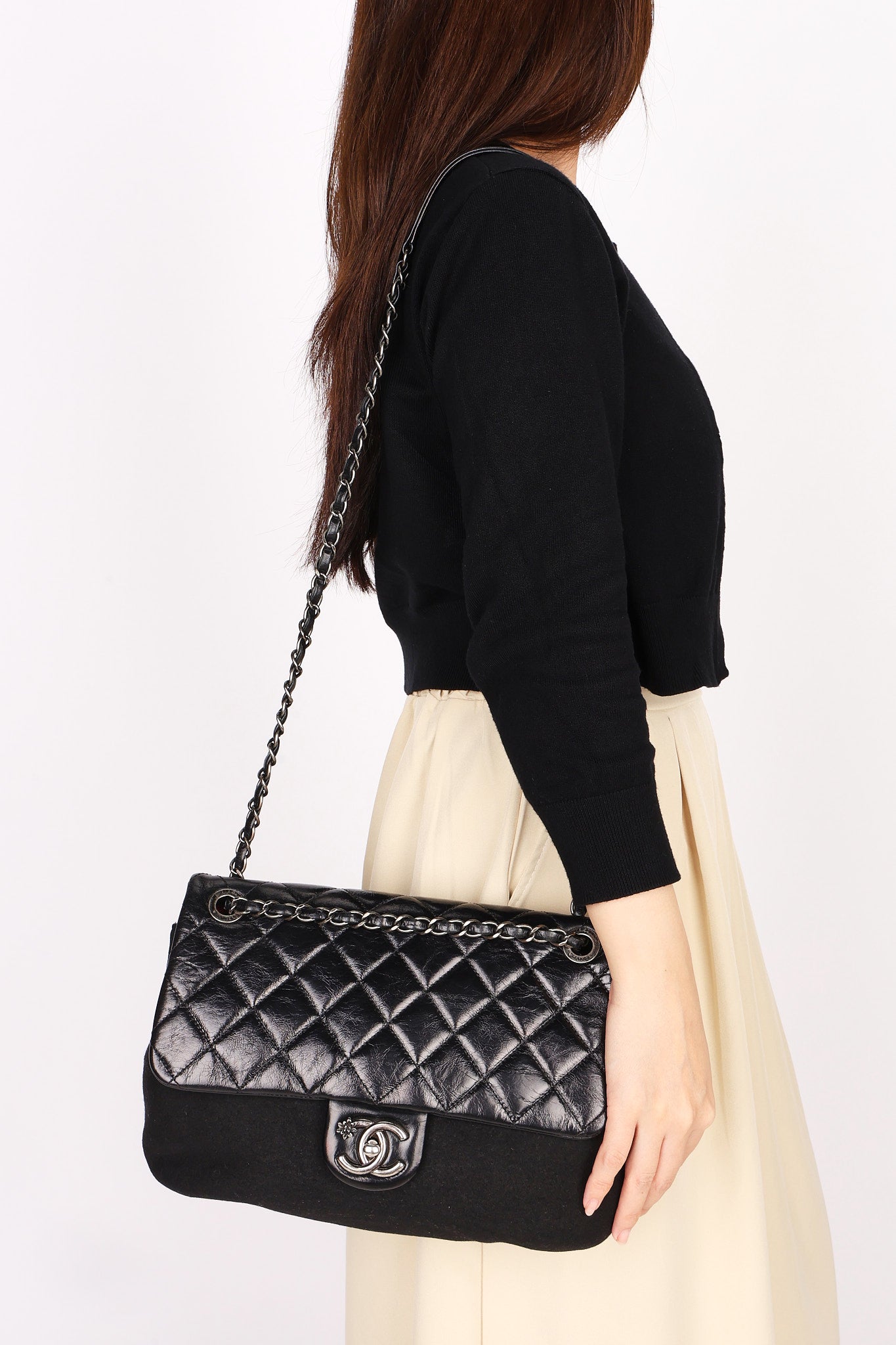 Chanel Bag Black Crinkled Calfskin and Wool RHW