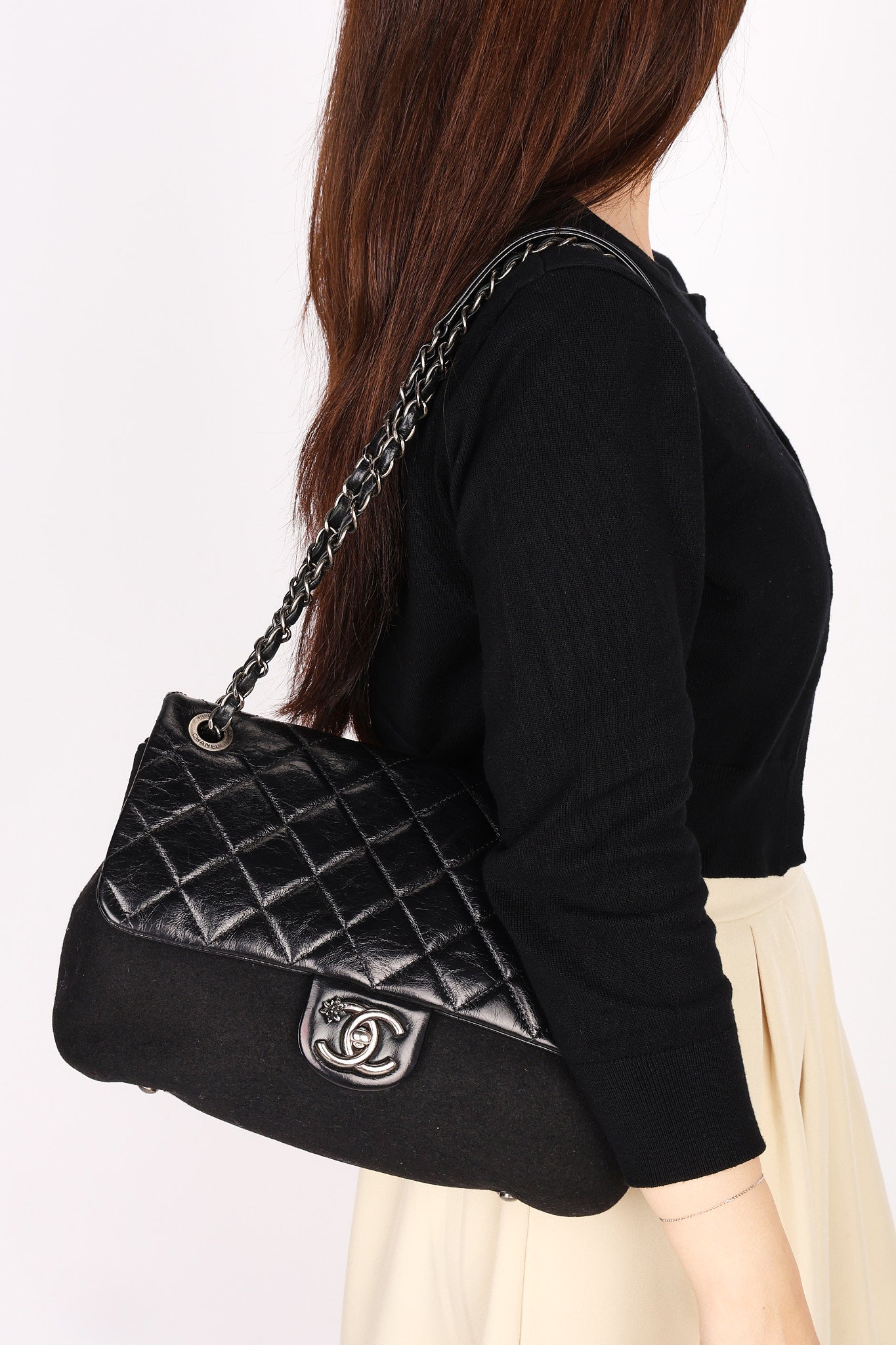 Chanel Bag Black Crinkled Calfskin and Wool RHW