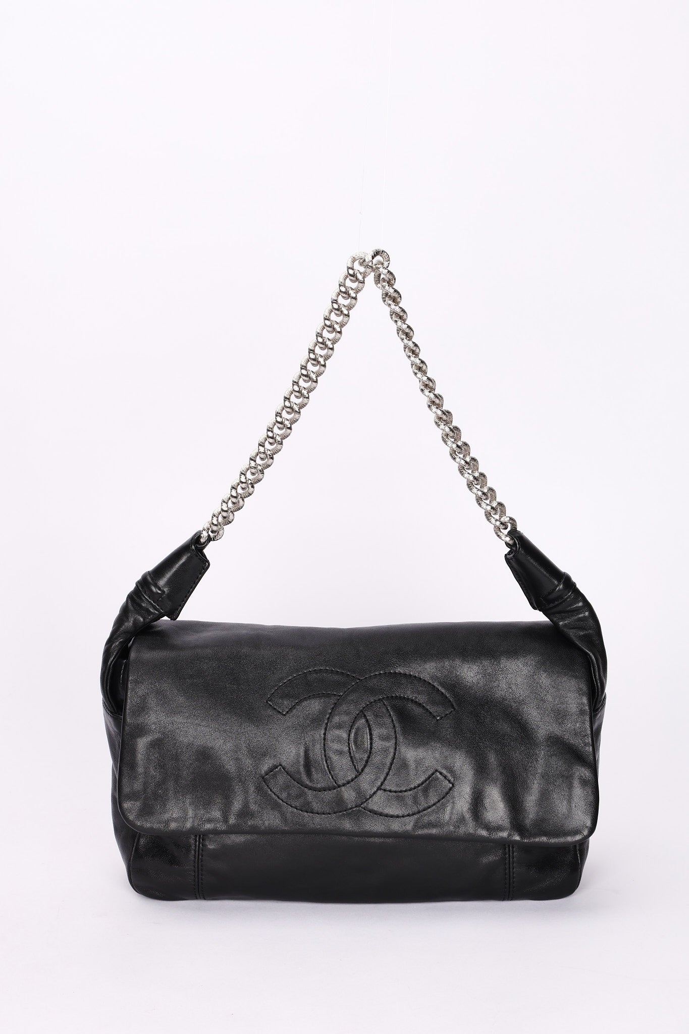 Chanel Stitched CC Single Flap Black Calfskin SHW